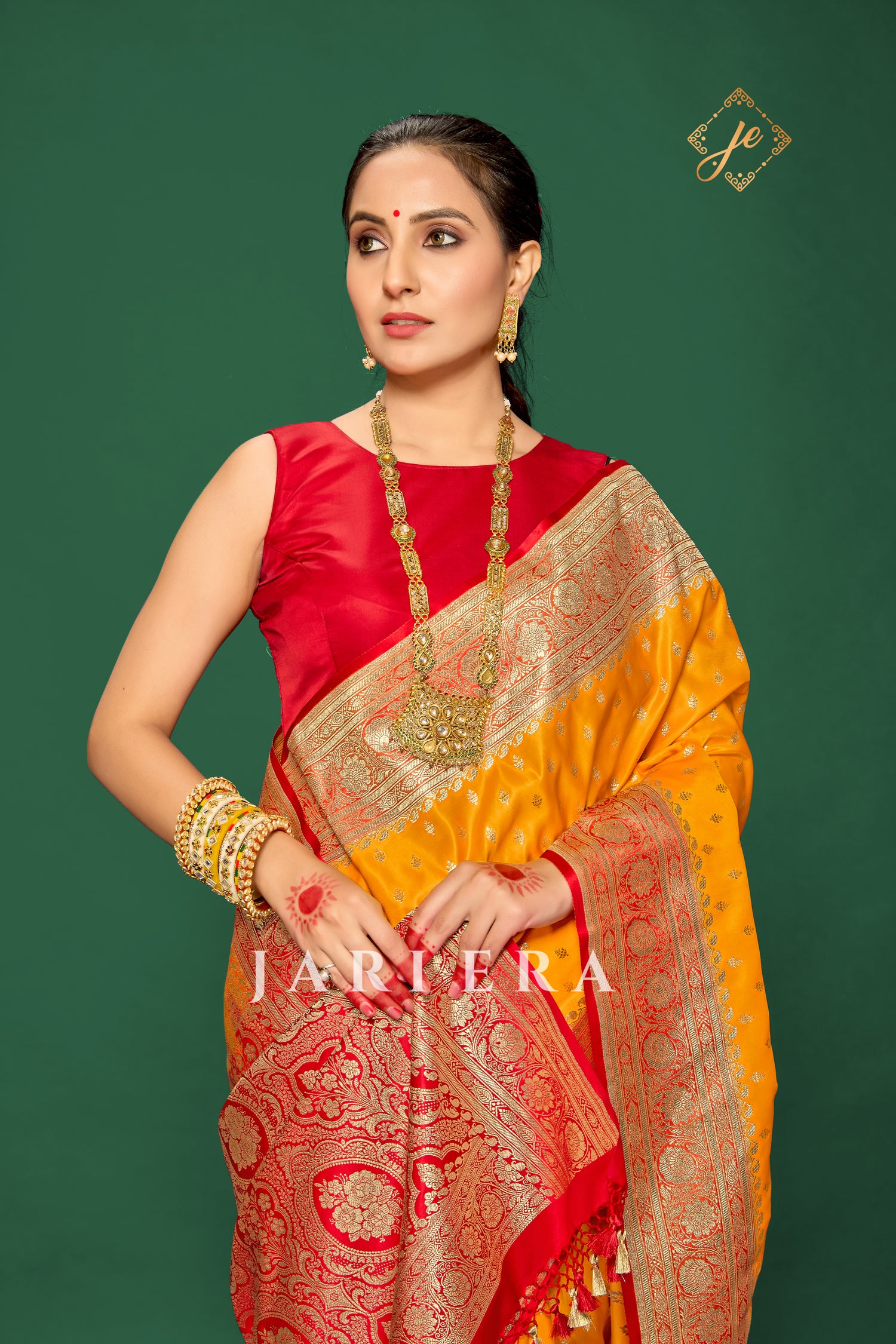 Mango Yellow Satin Silk with Contrast Red Border Banarasi Saree