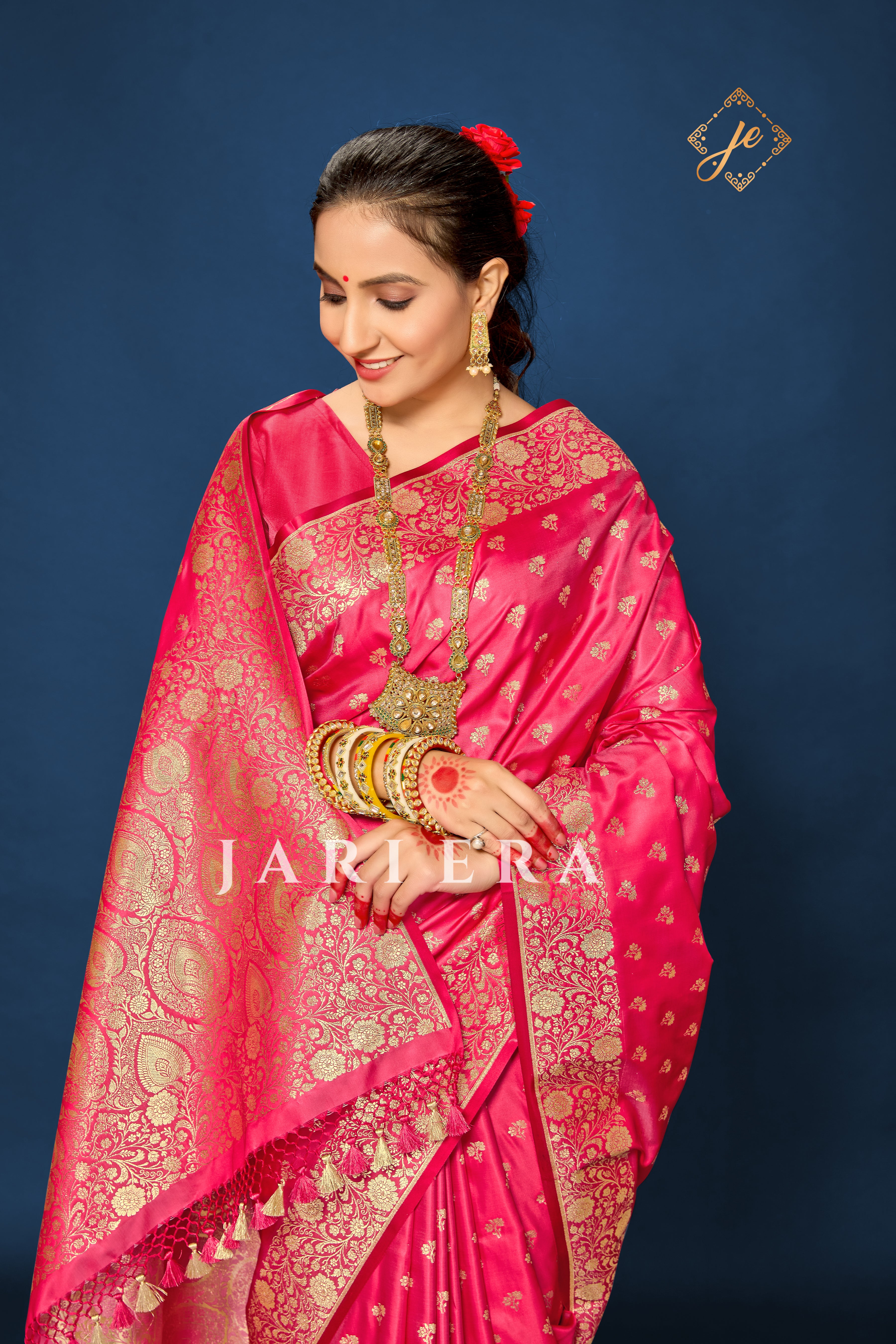 Strawberry Pink Open Border Satin Silk Buti Banarasi Saree