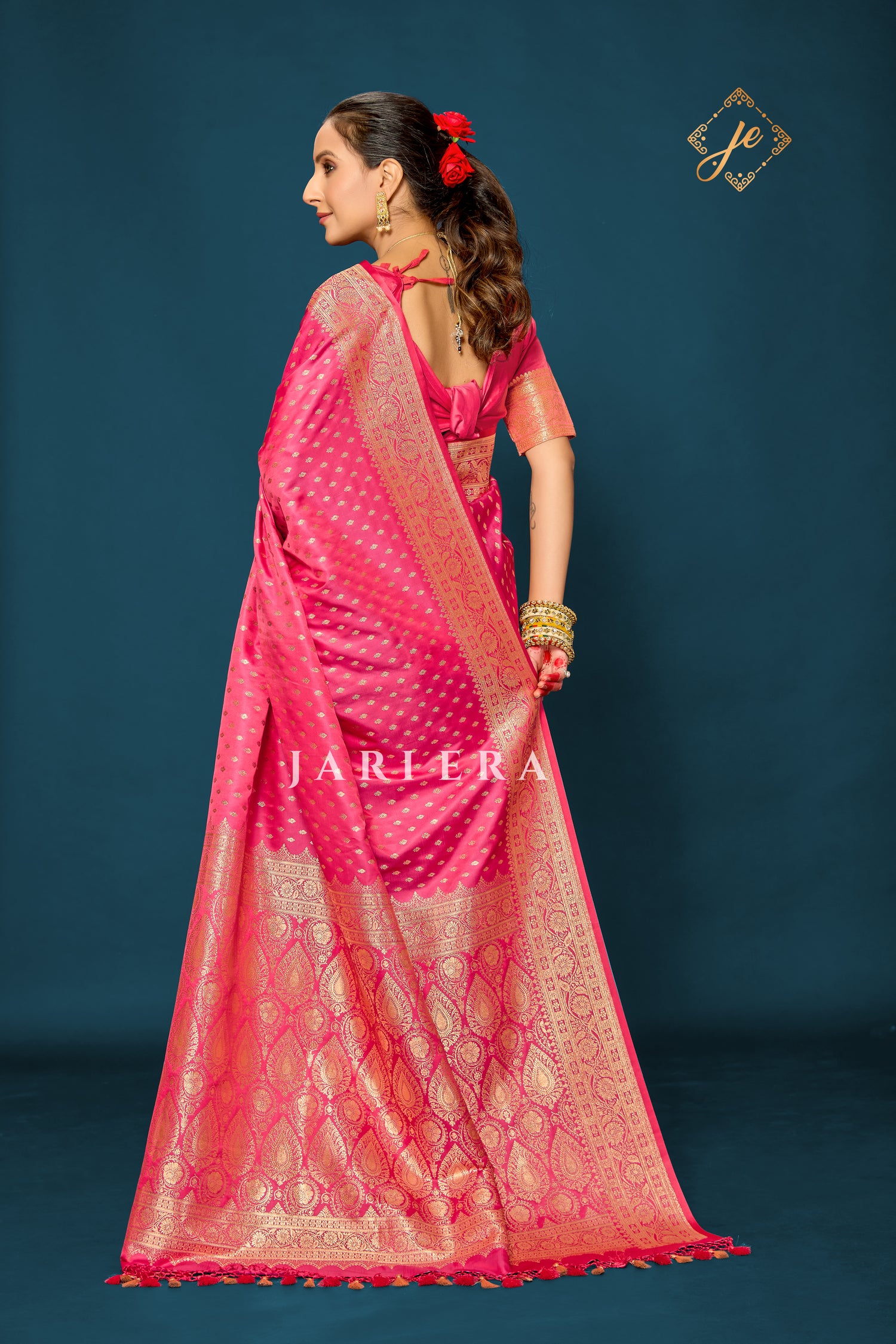 Strawberry Pink Satin Silk Buti Banarasi Saree