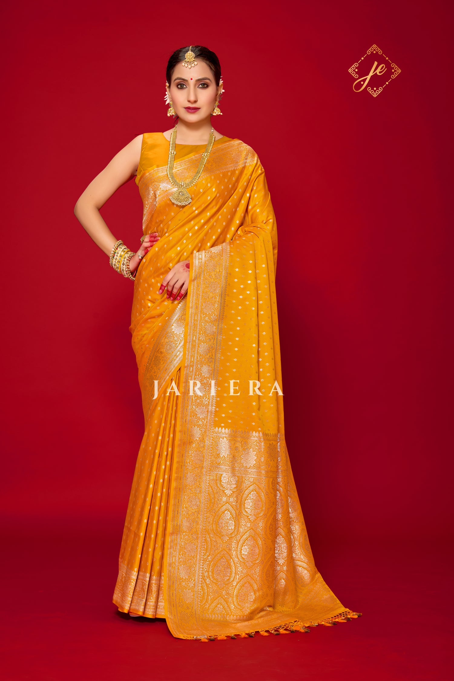 Haldi Yellow Satin Silk Buti Banarasi Saree