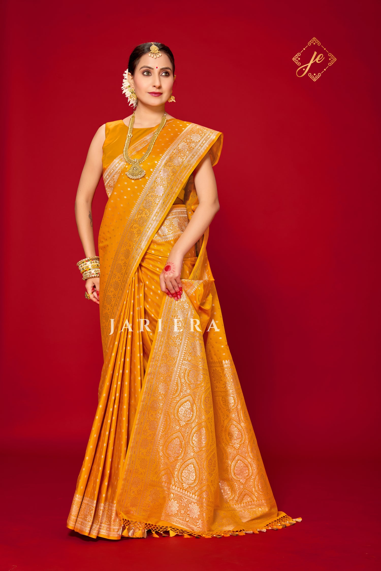 Haldi Yellow Satin Silk Buti Banarasi Saree