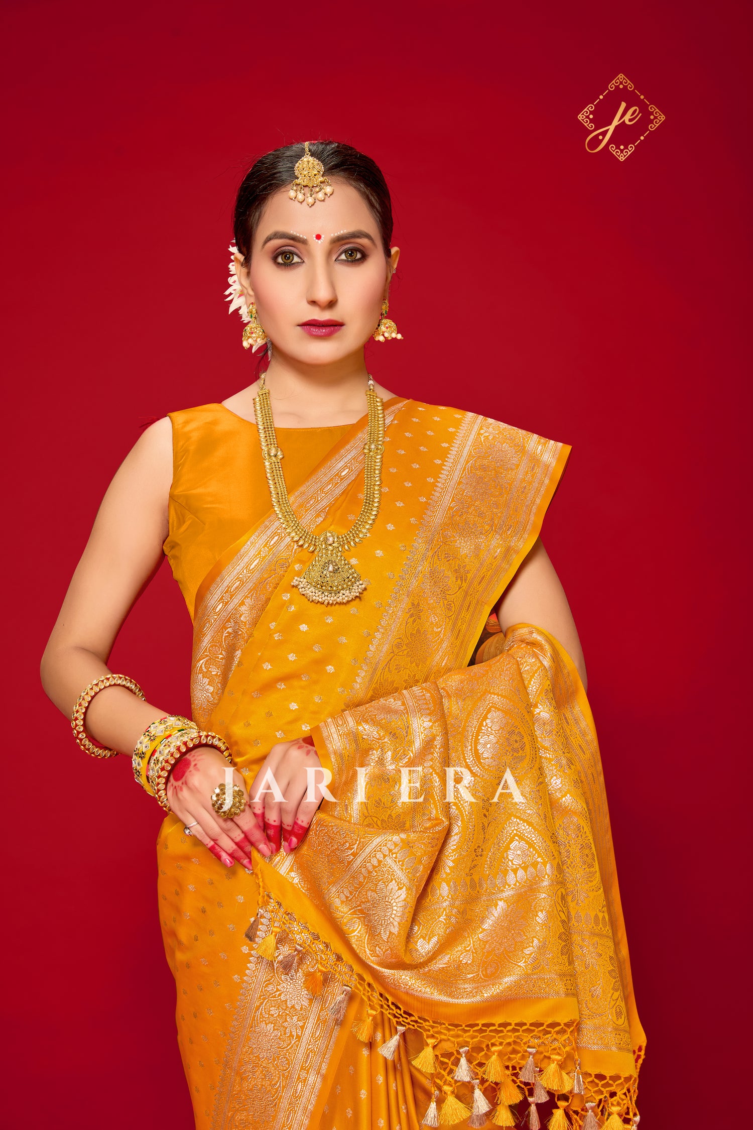 Haldi Yellow Satin Silk Buti Banarasi Saree