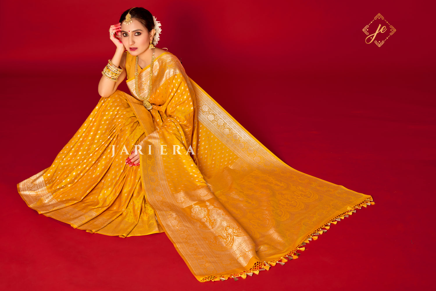 Mustard Yellow Satin Silk Buti Banarasi Saree