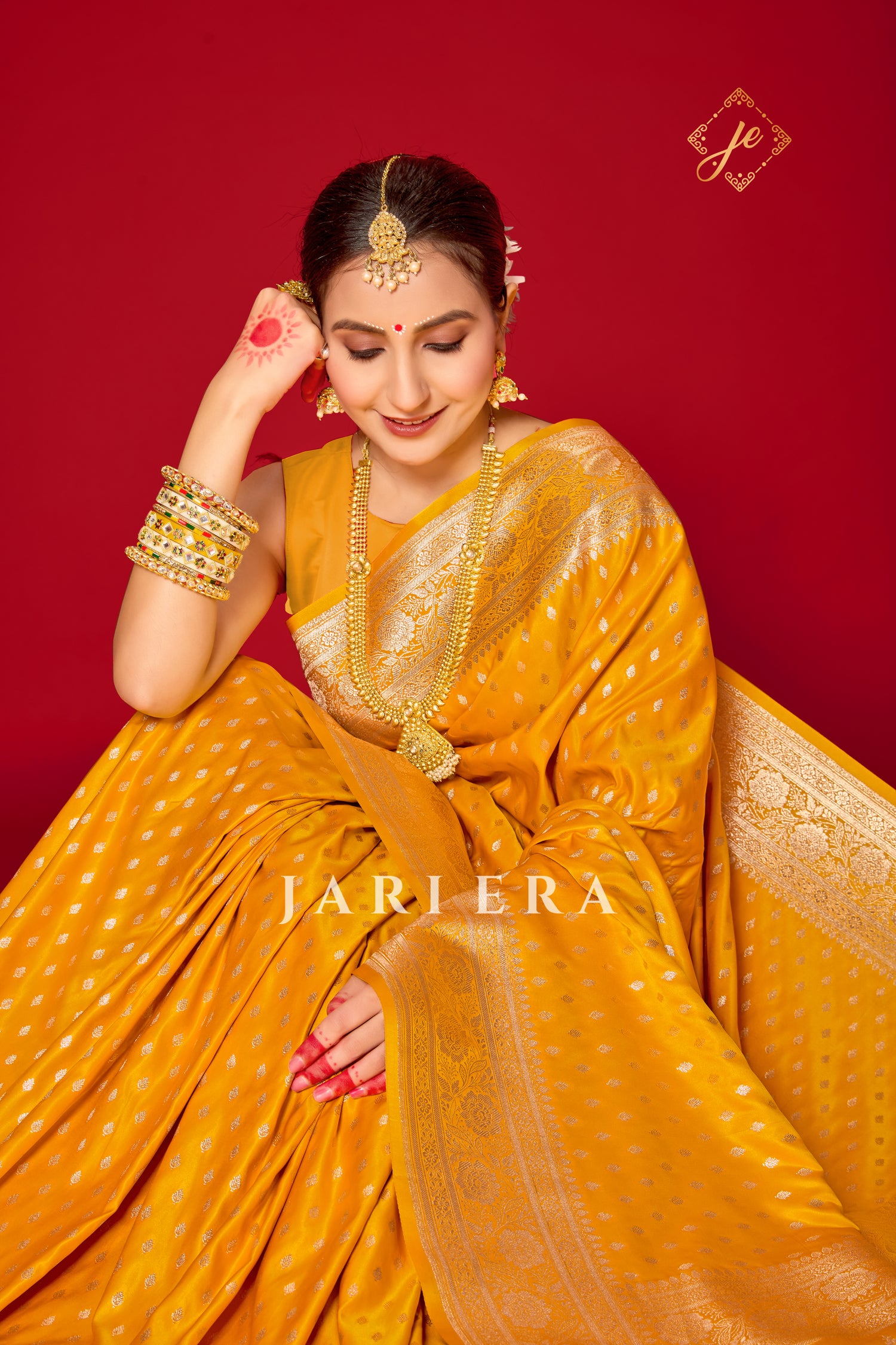 Mustard Yellow Satin Silk Buti Banarasi Saree