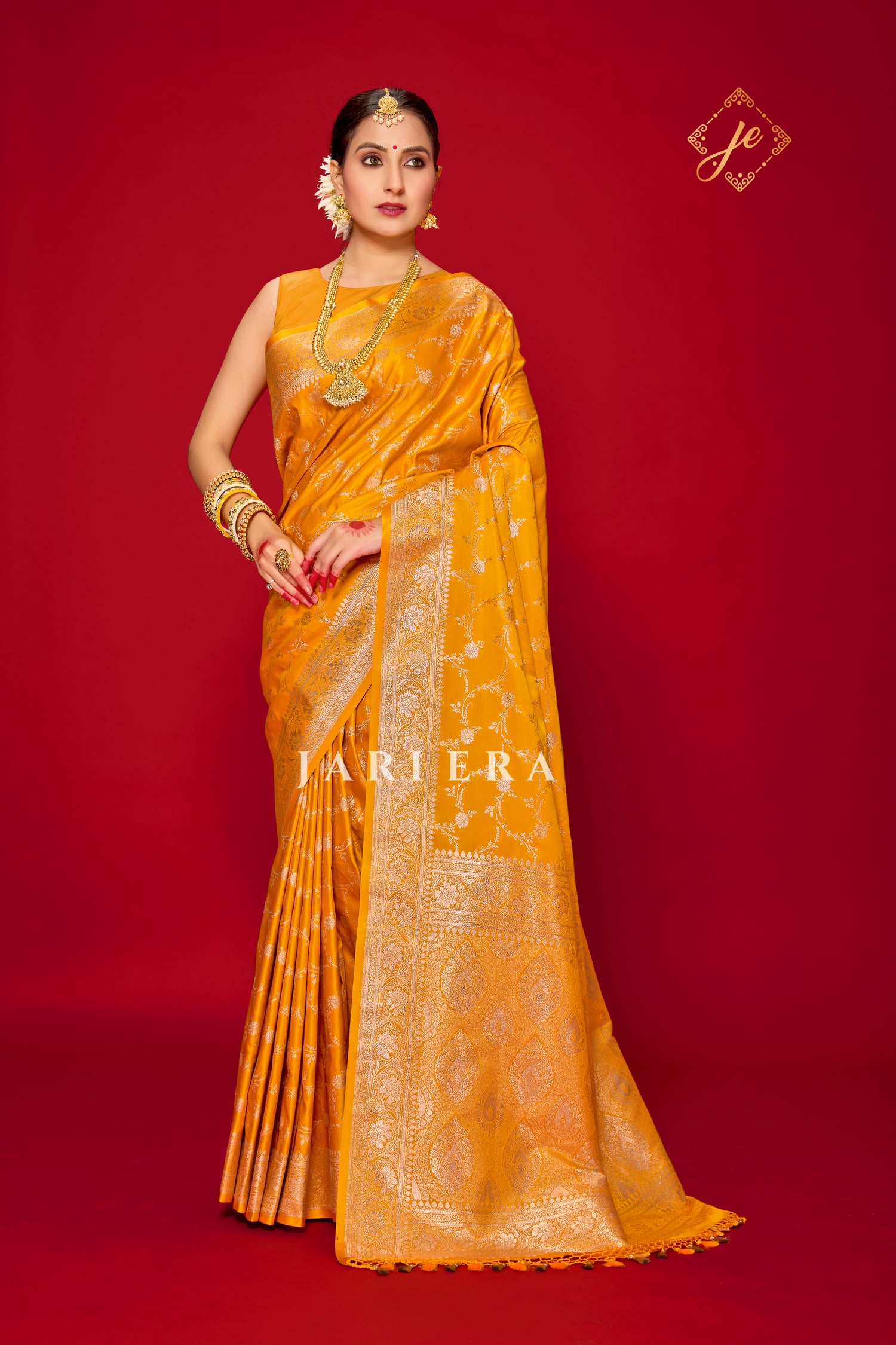 Mustard Yellow Satin Silk Jaal Banarasi Saree