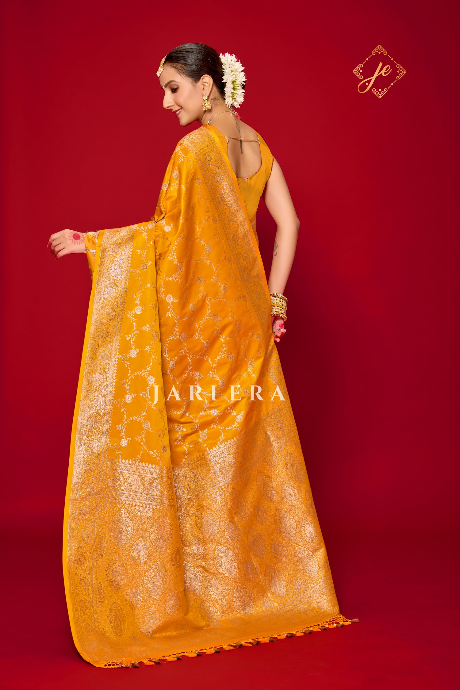 Mustard Yellow Satin Silk Jaal Banarasi Saree