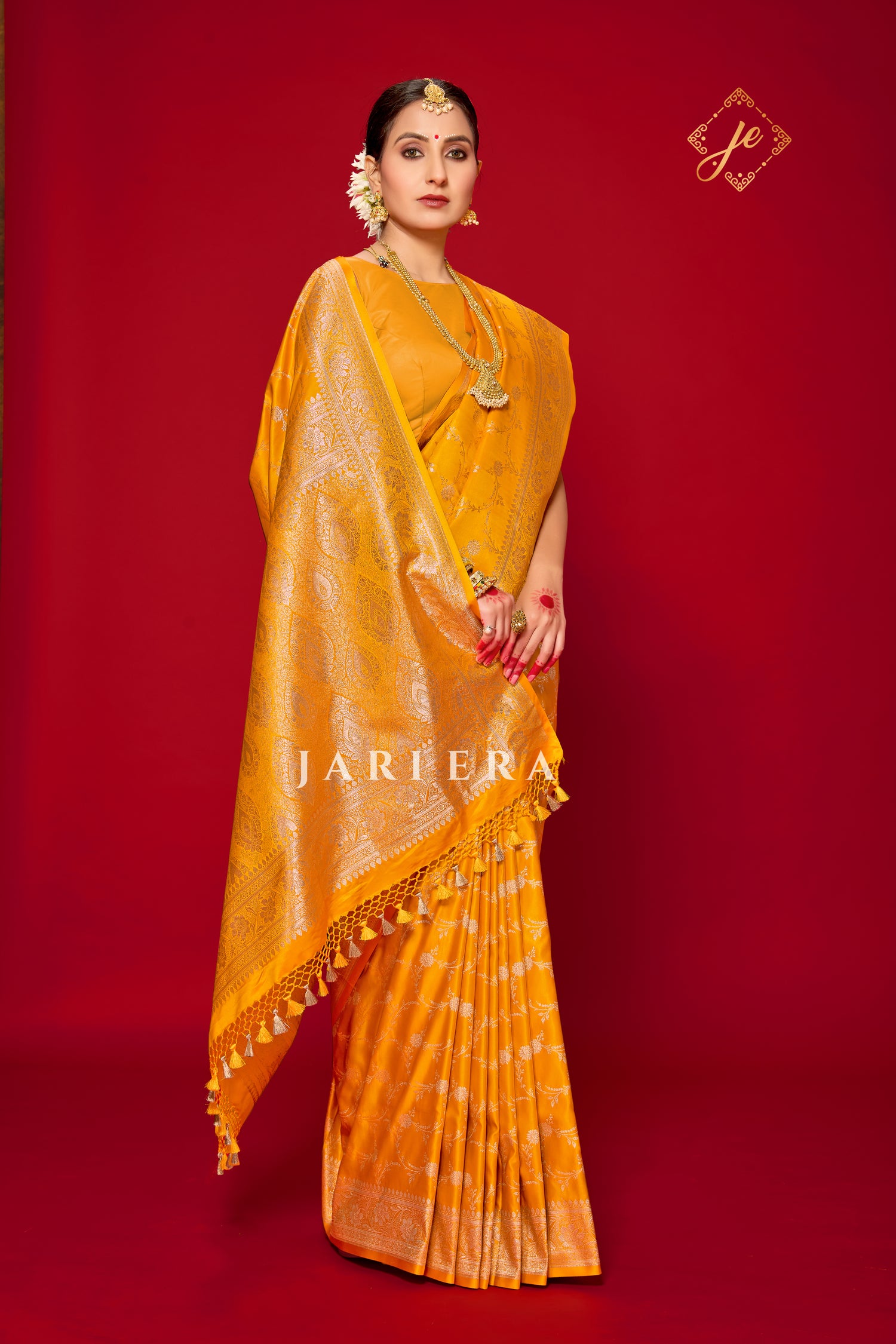 Mustard Yellow Satin Silk Jaal Banarasi Saree