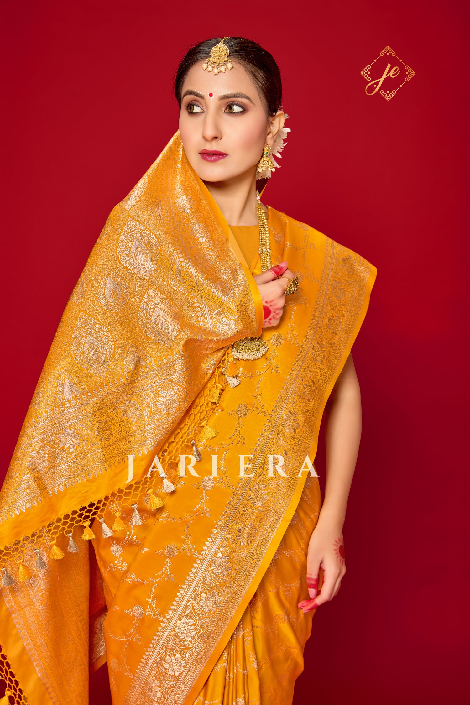 Mustard Yellow Satin Silk Jaal Banarasi Saree