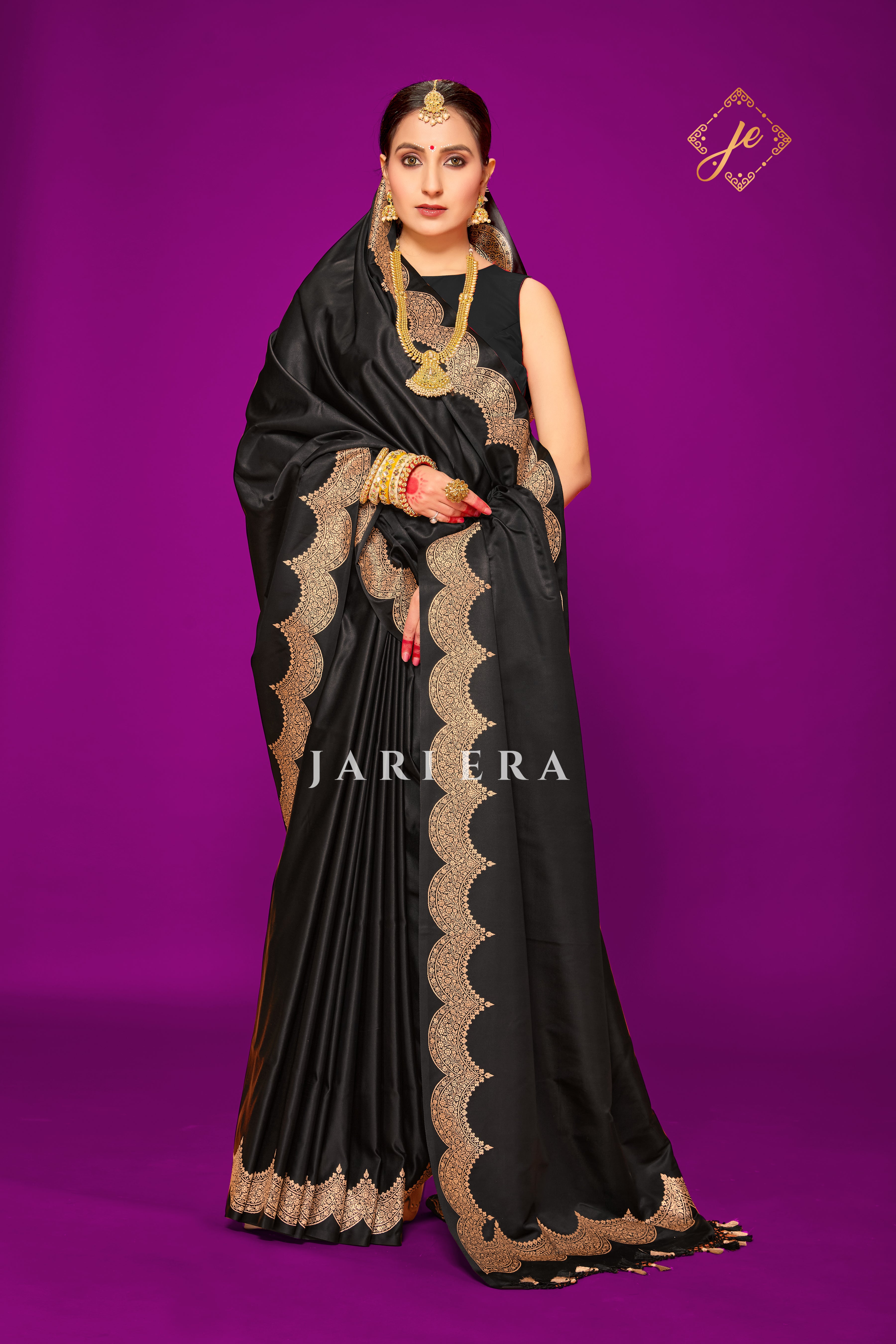 Black Scallop Border Satin Silk Banarasi Saree