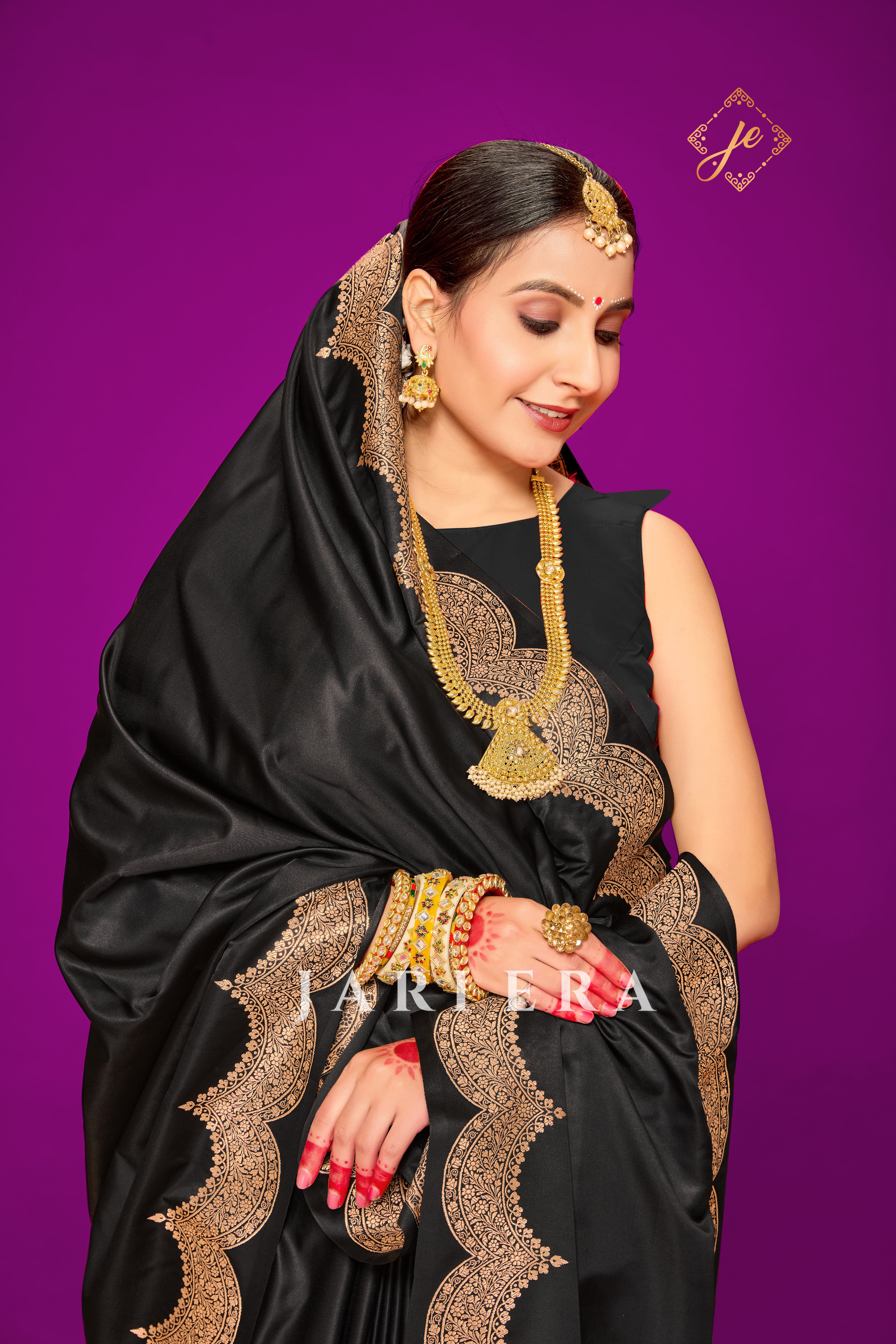 Black Scallop Border Satin Silk Banarasi Saree