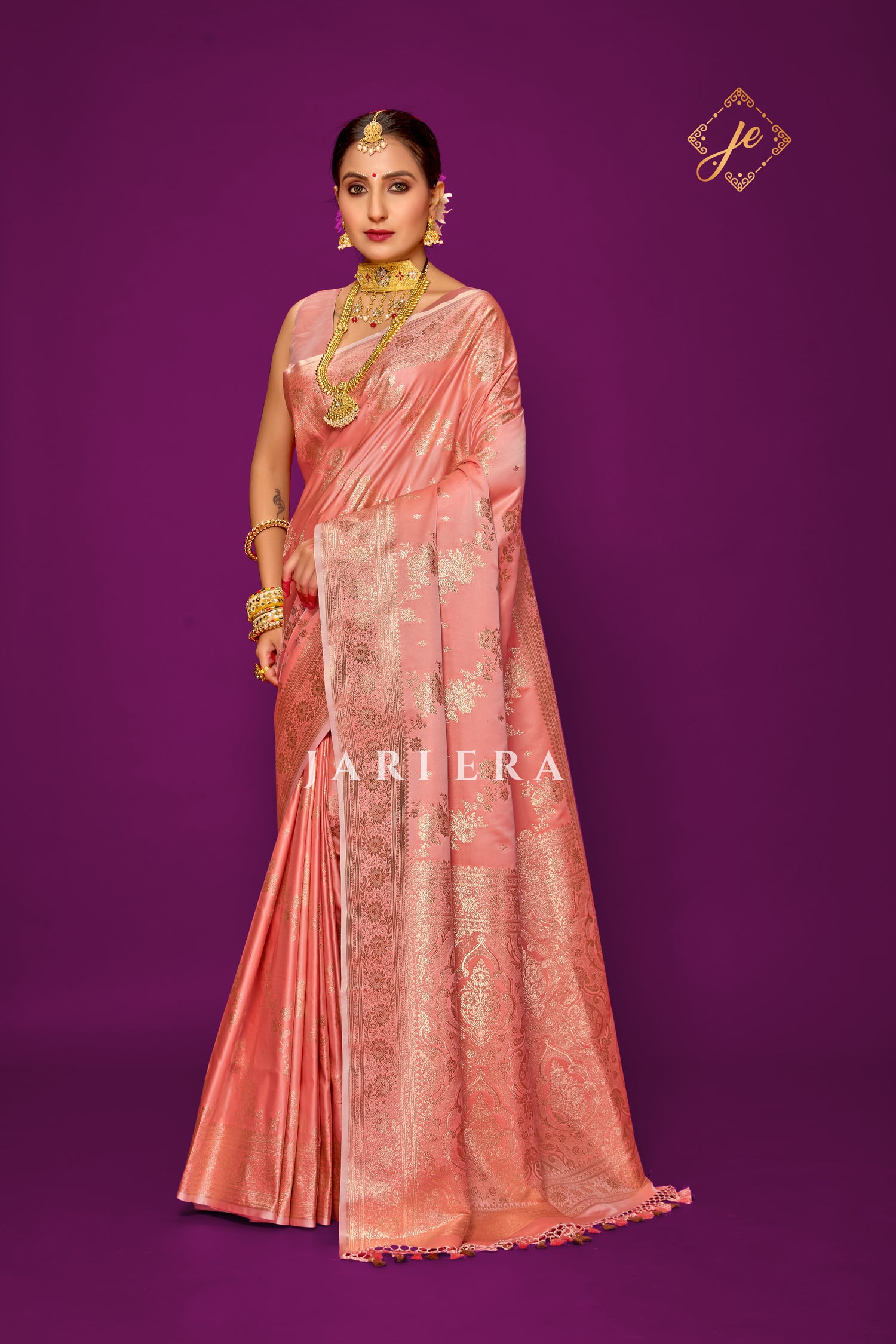 Sunset Rose Satin Silk Leheriya Banarasi Saree