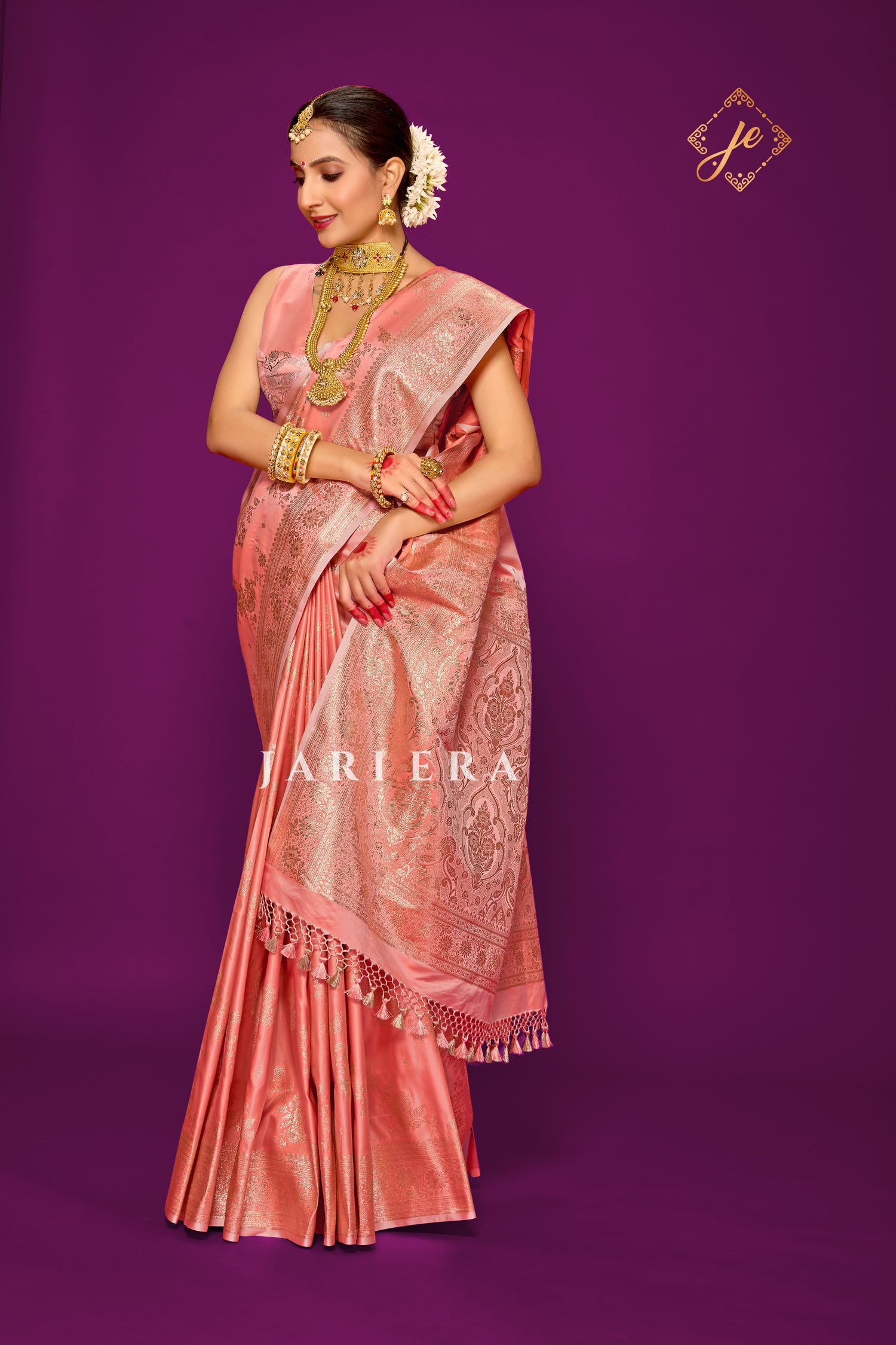Sunset Rose Satin Silk Leheriya Banarasi Saree