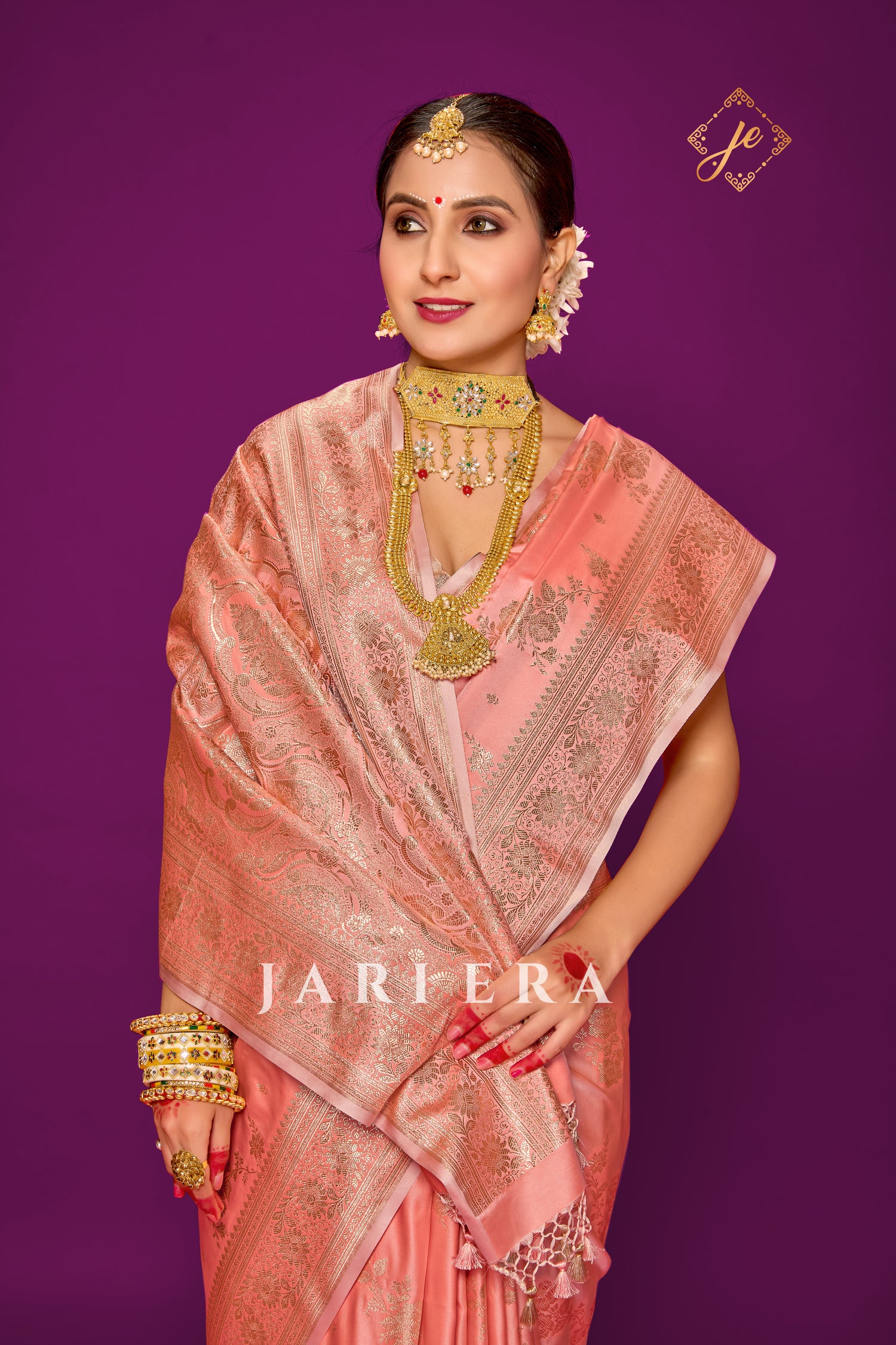 Sunset Rose Satin Silk Leheriya Banarasi Saree