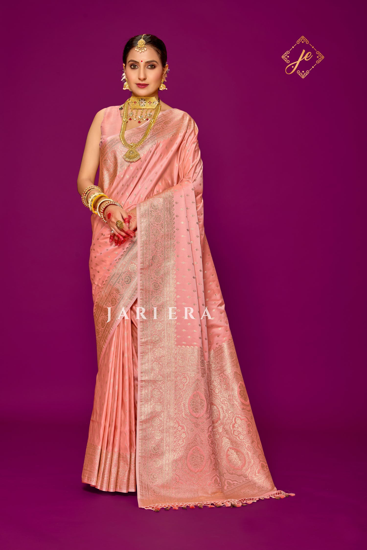 Rose Peach Satin Silk Buti Banarsi Saree