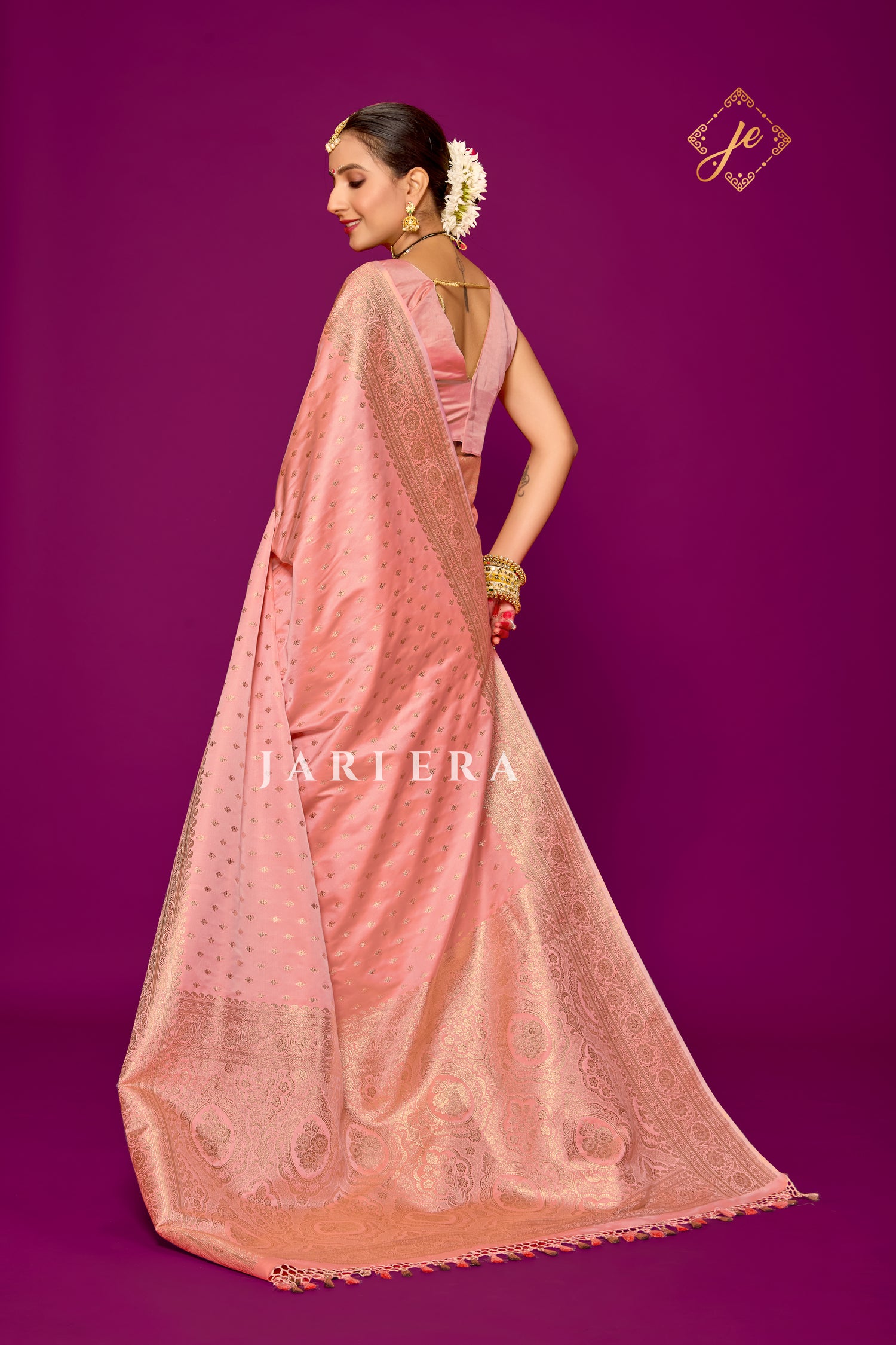 Rose Peach Satin Silk Buti Banarsi Saree