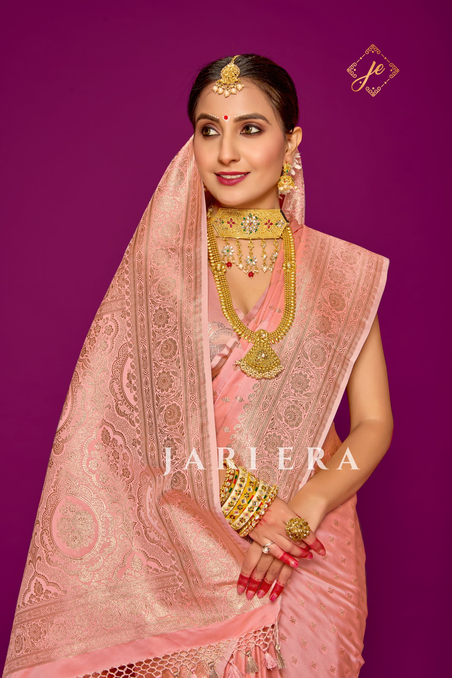 Rose Peach Satin Silk Buti Banarsi Saree