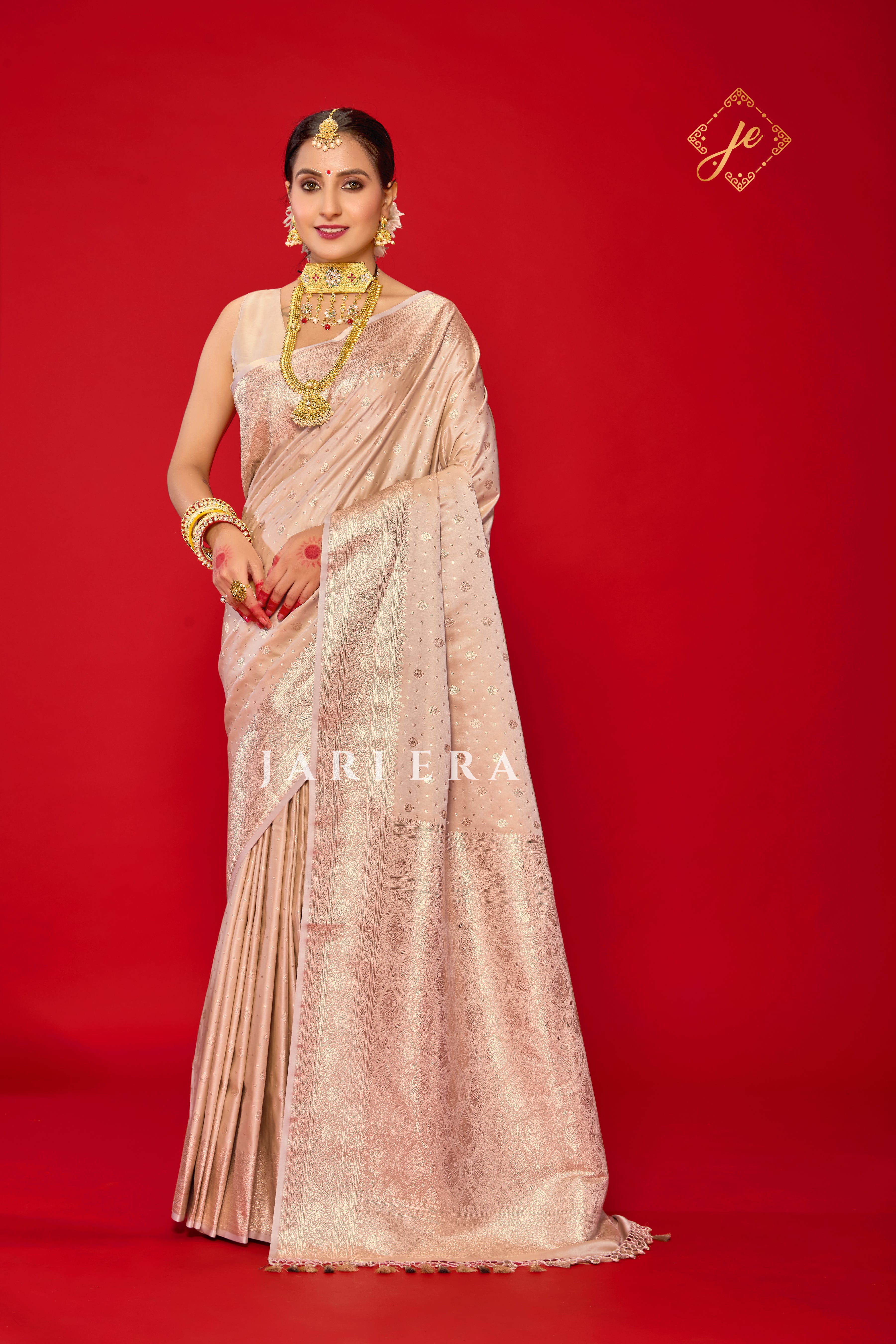 Champagne Pink Satin Silk Buti Banarasi Saree
