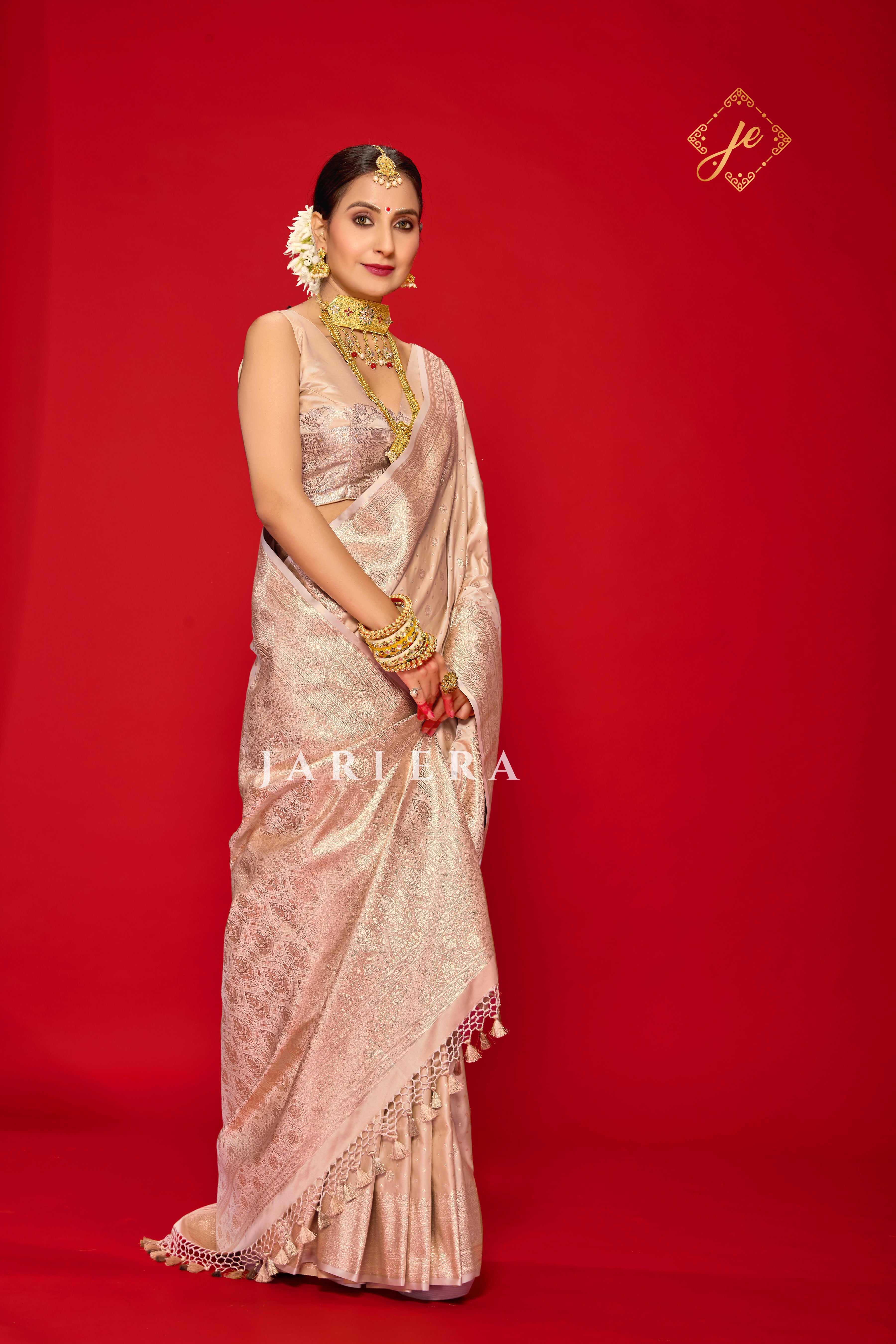 Champagne Pink Satin Silk Buti Banarasi Saree