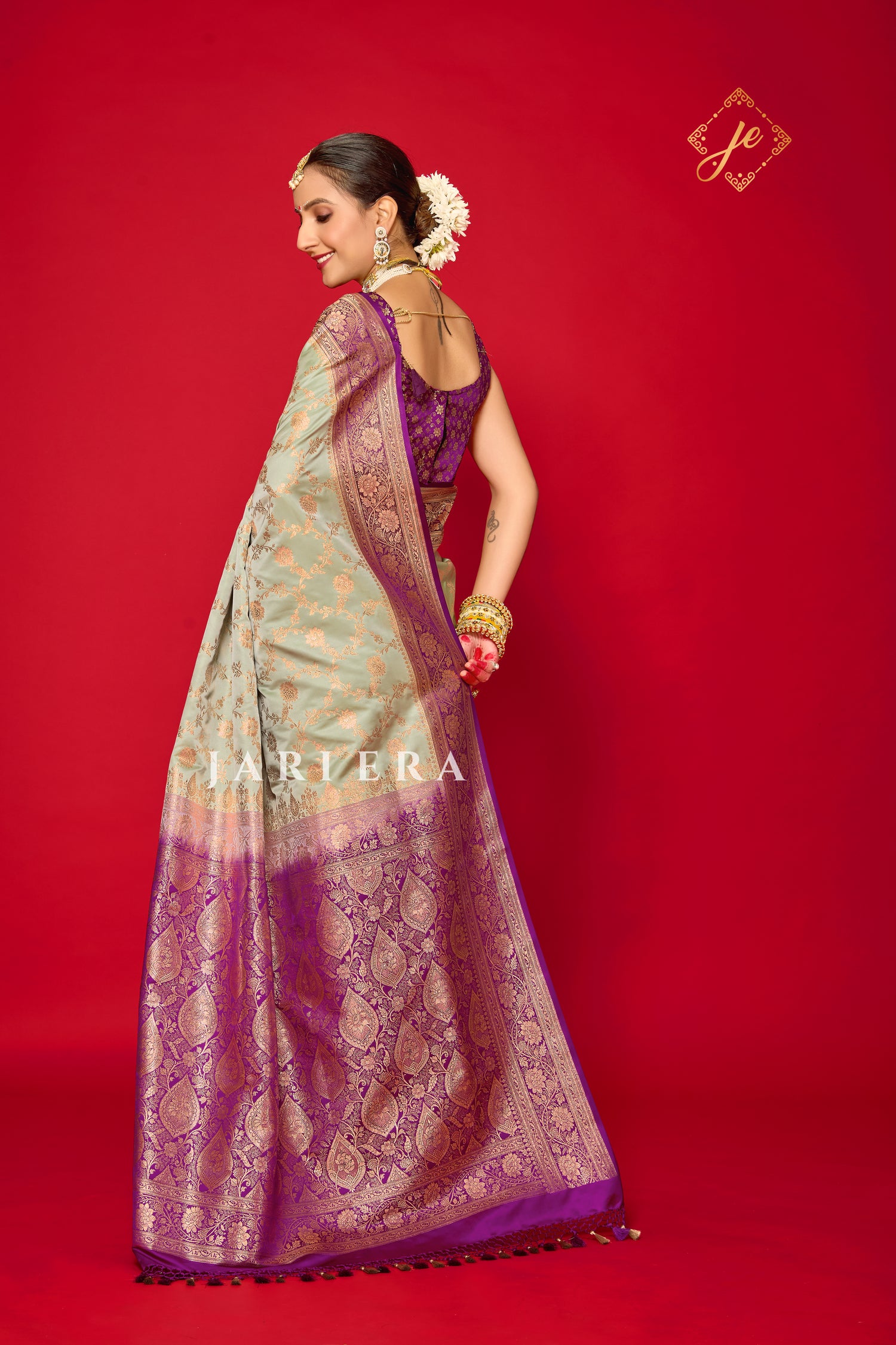 Pista Blossom Satin Silk Jaal Banarasi Saree