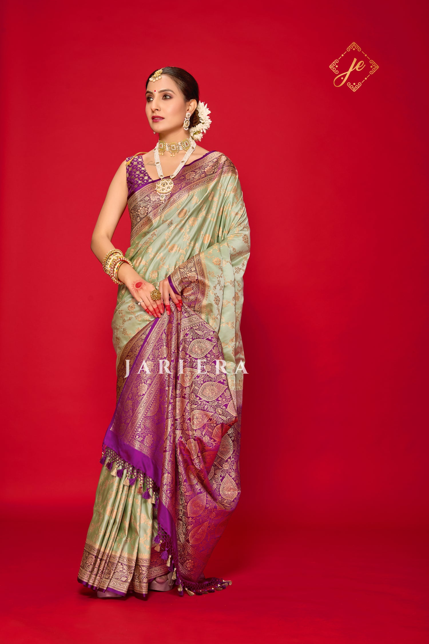 Pista Blossom Satin Silk Jaal Banarasi Saree