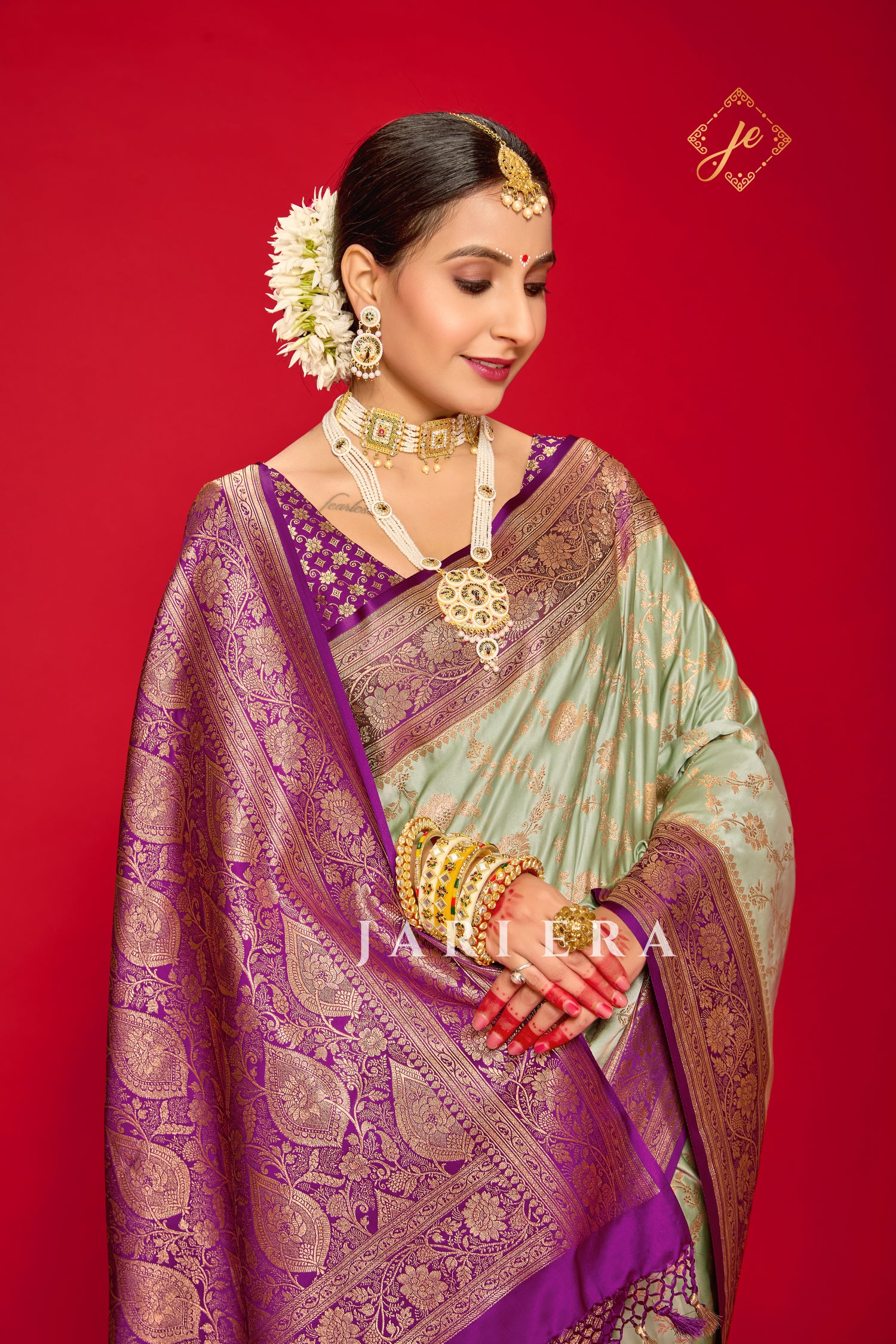 Pista Blossom Satin Silk Jaal Banarasi Saree
