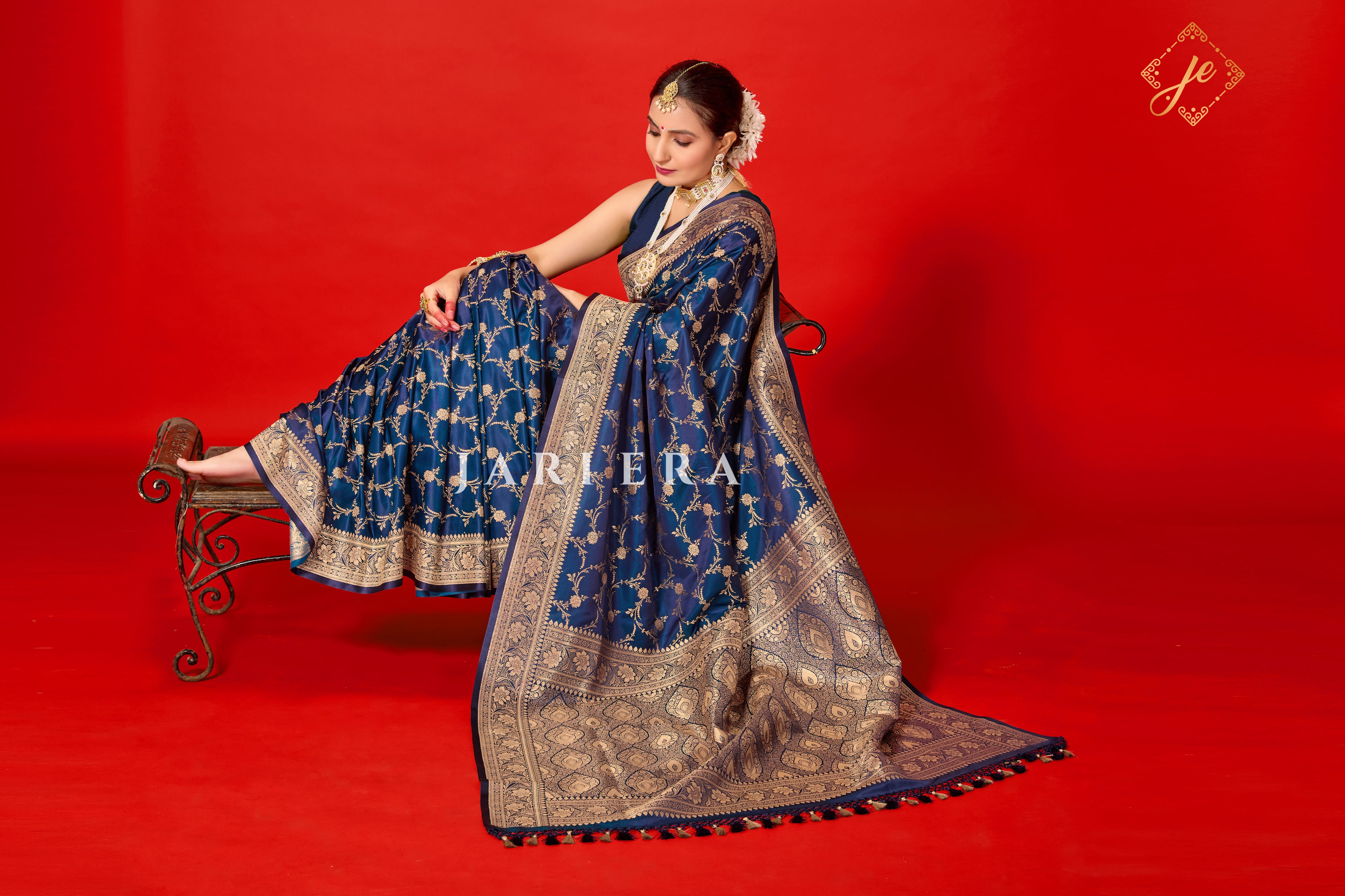 German Blue Satin Silk Jaal Banarasi Saree