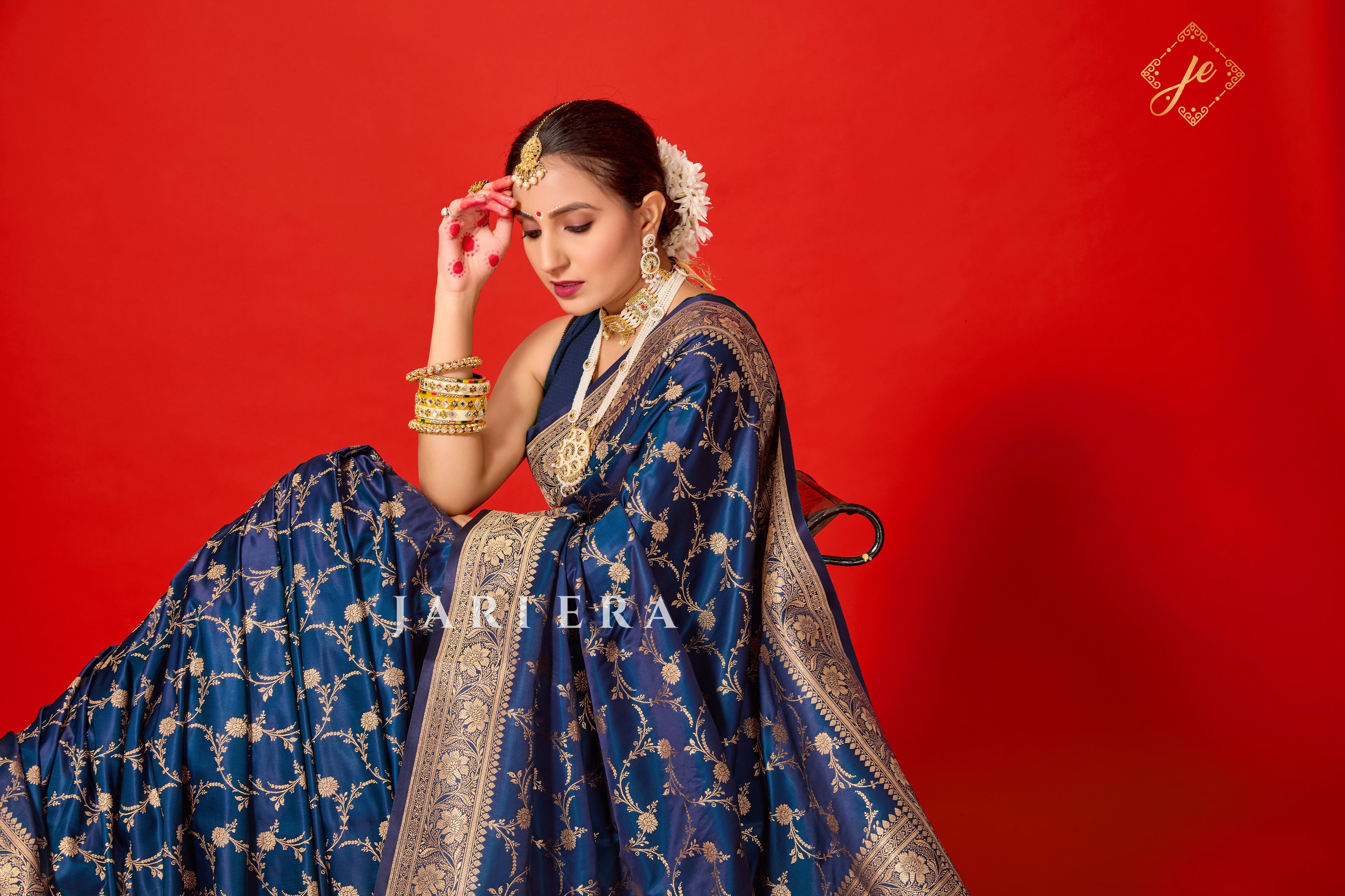 German Blue Satin Silk Jaal Banarasi Saree