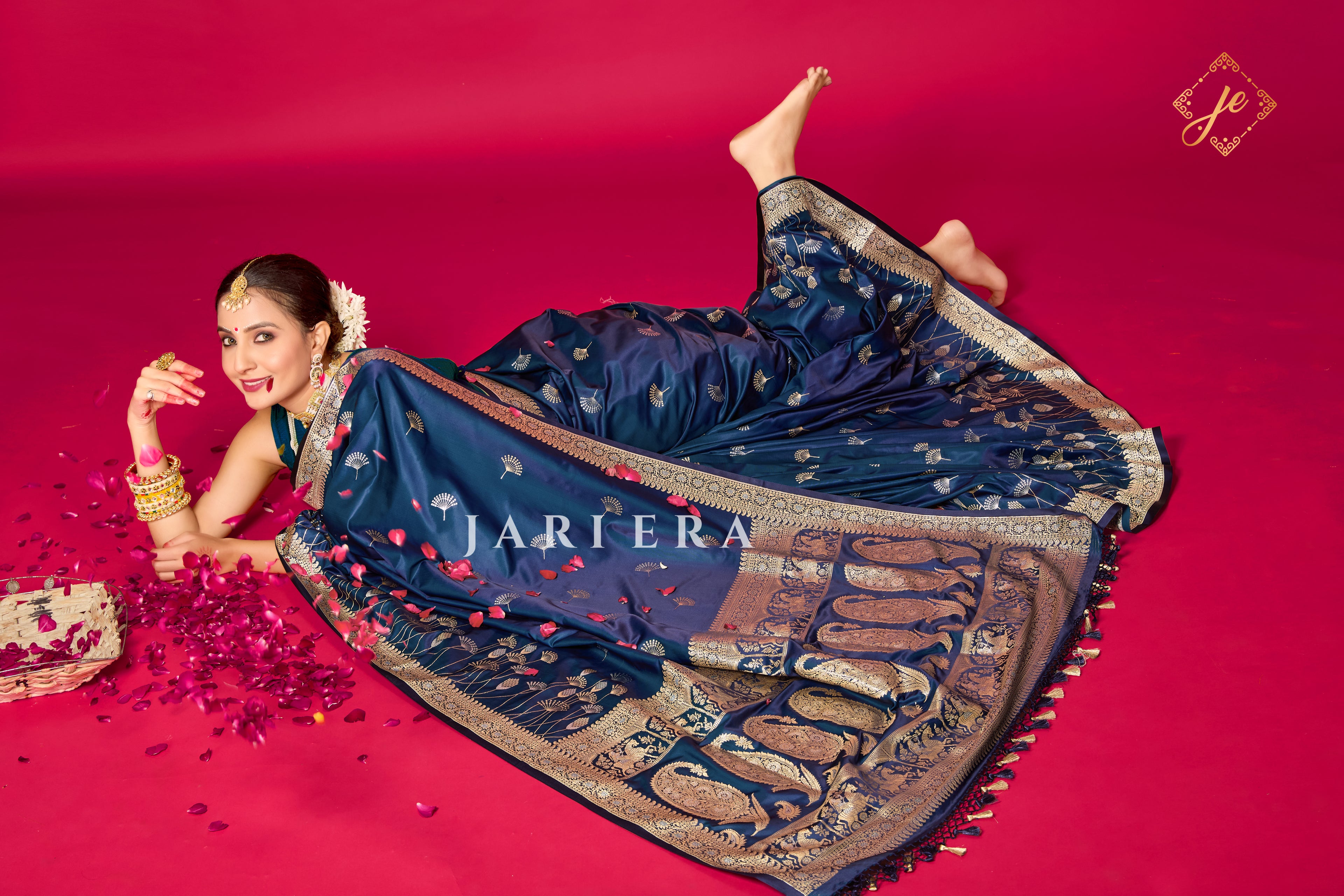 German Blue Satin Silk Banarasi Saree