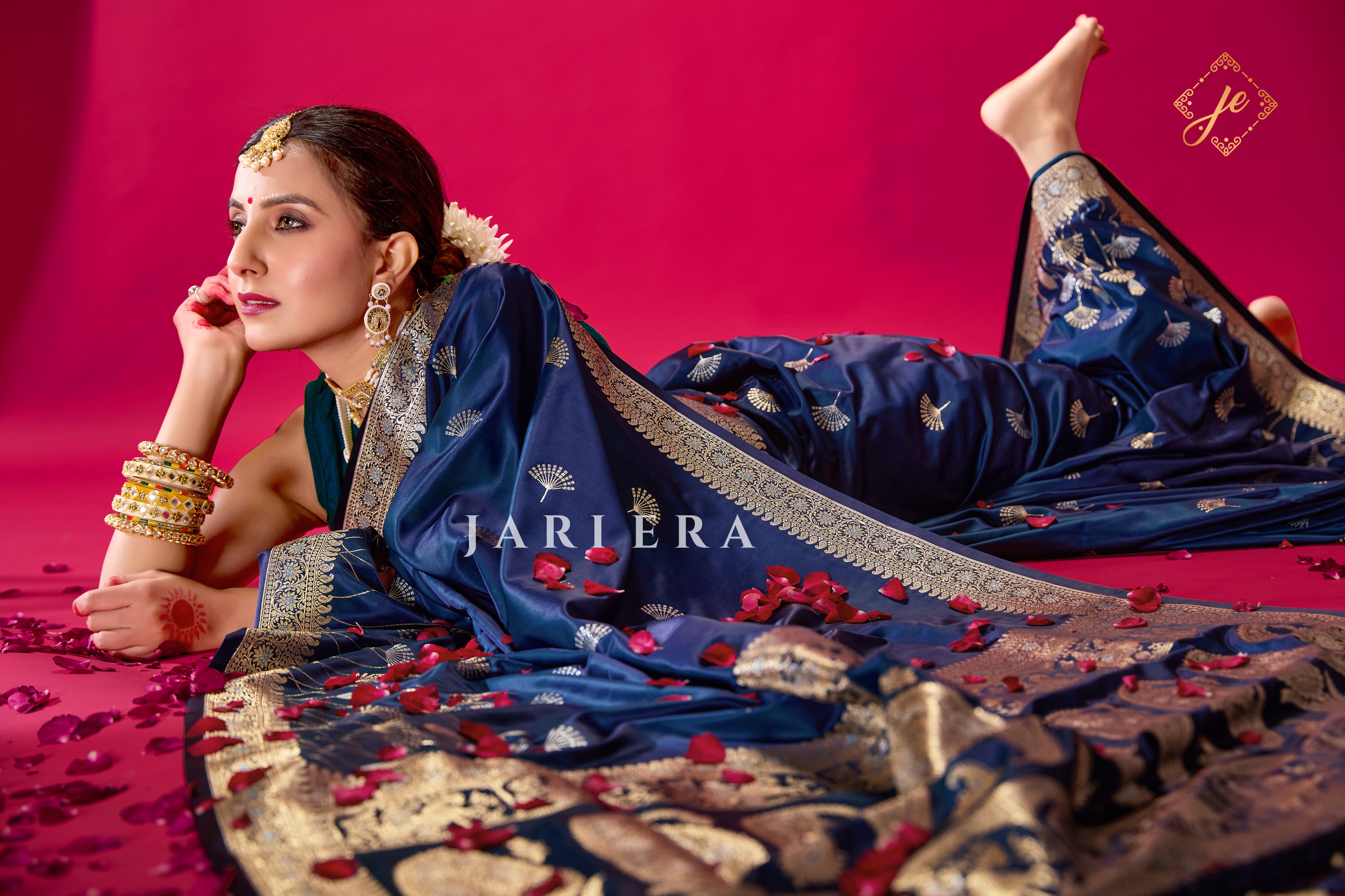 German Blue Satin Silk Banarasi Saree