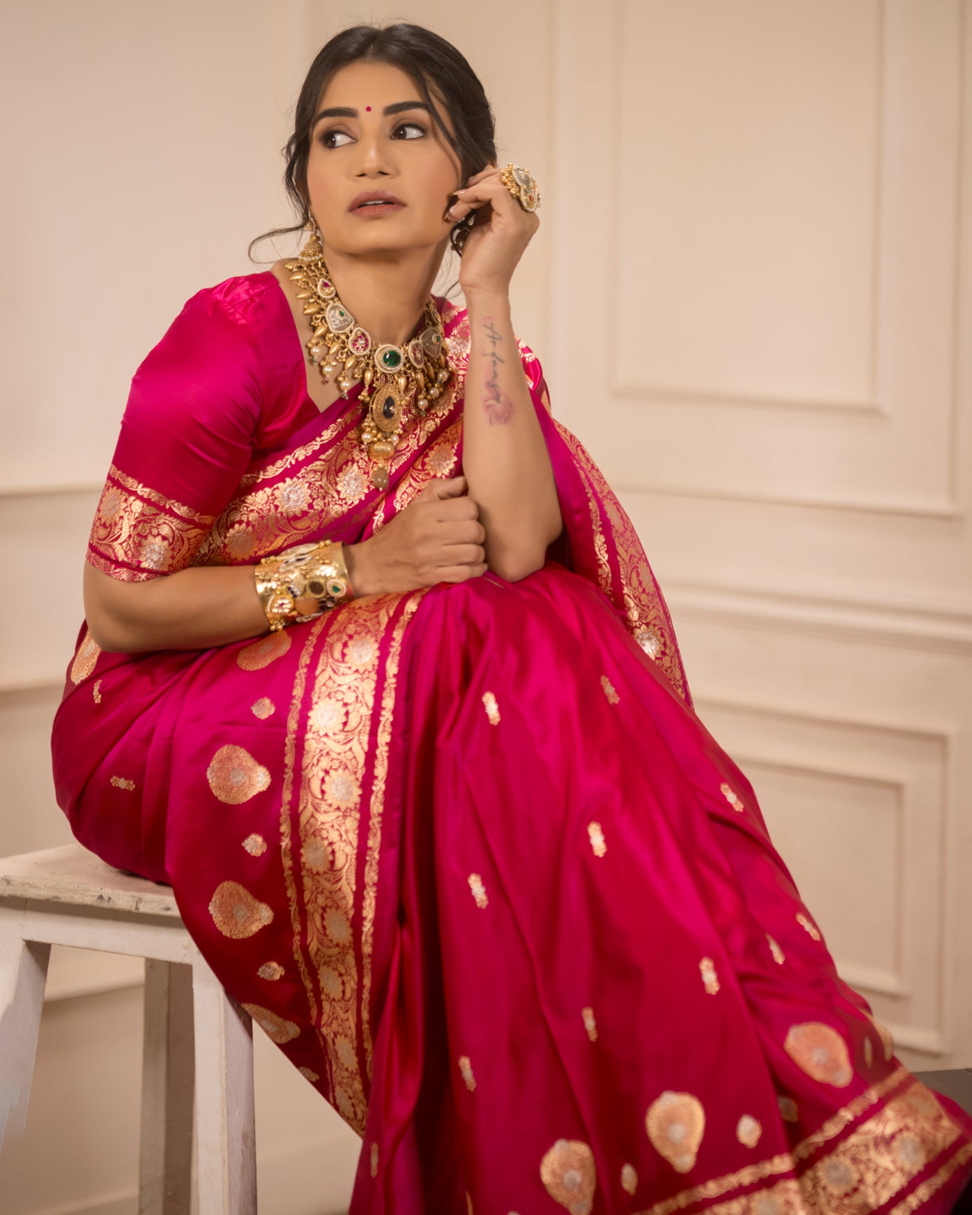 Rani Pink Mashru Silk Buti Banarasi Saree
