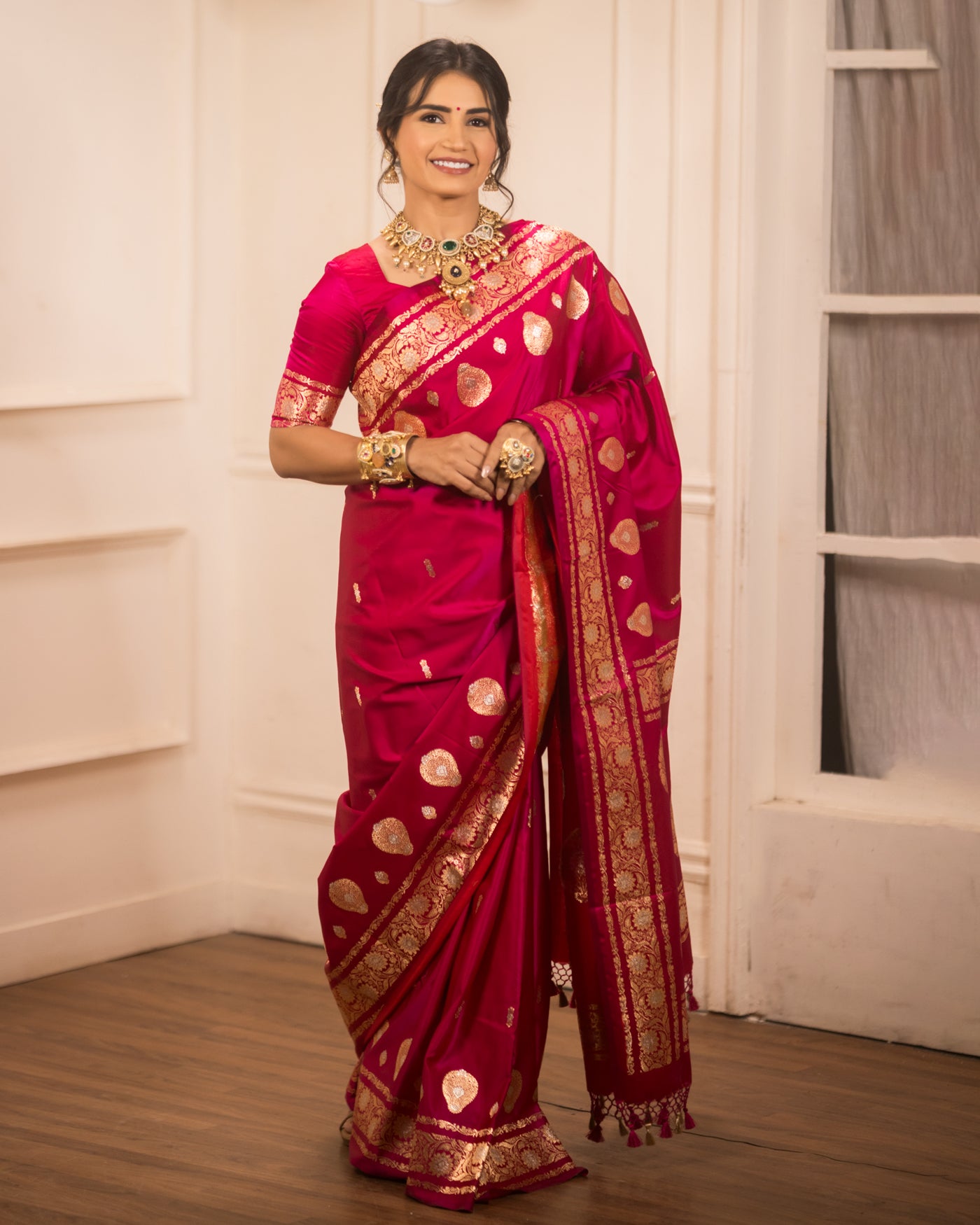 Rani Pink Mashru Silk Buti Banarasi Saree