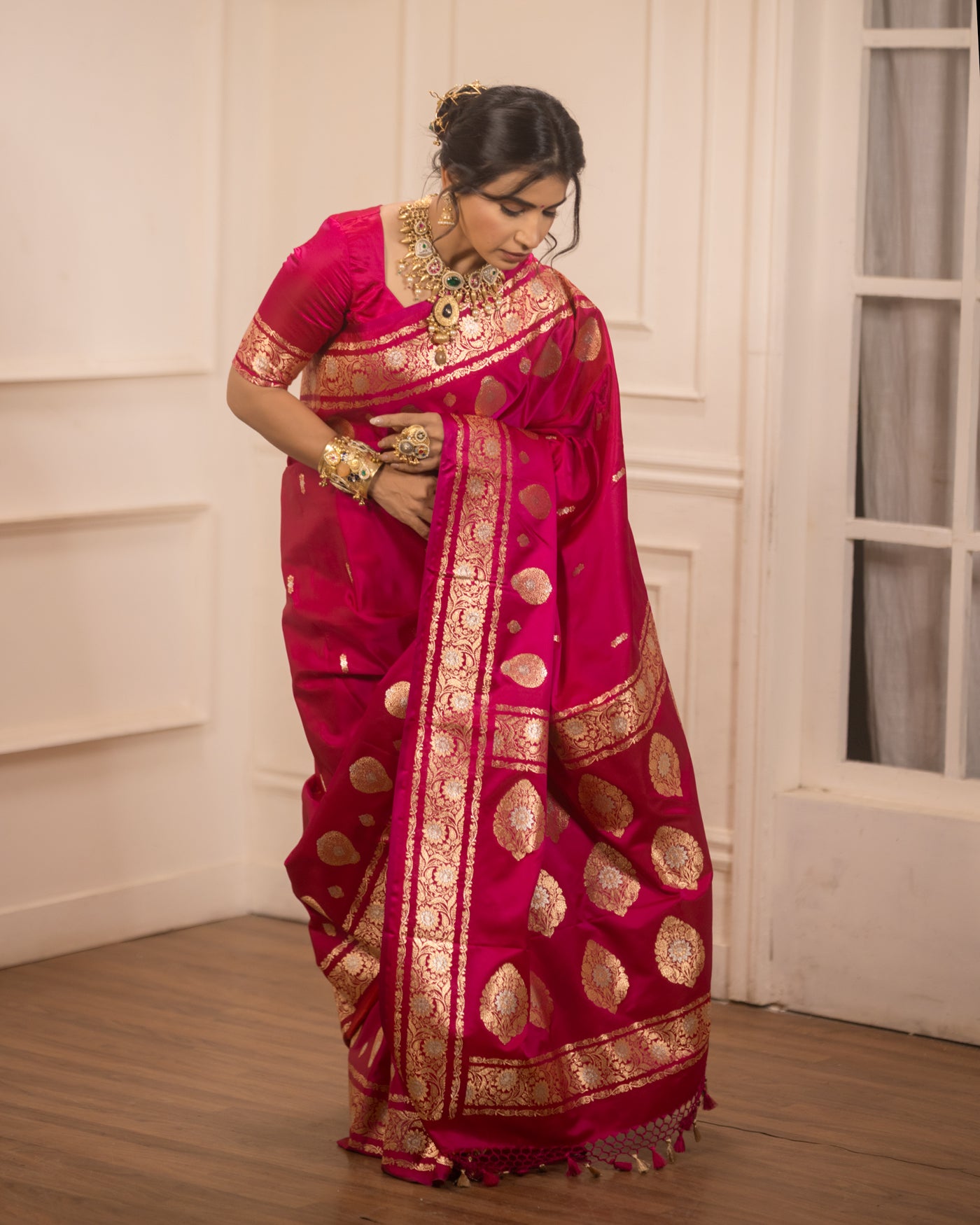 Rani Pink Mashru Silk Buti Banarasi Saree