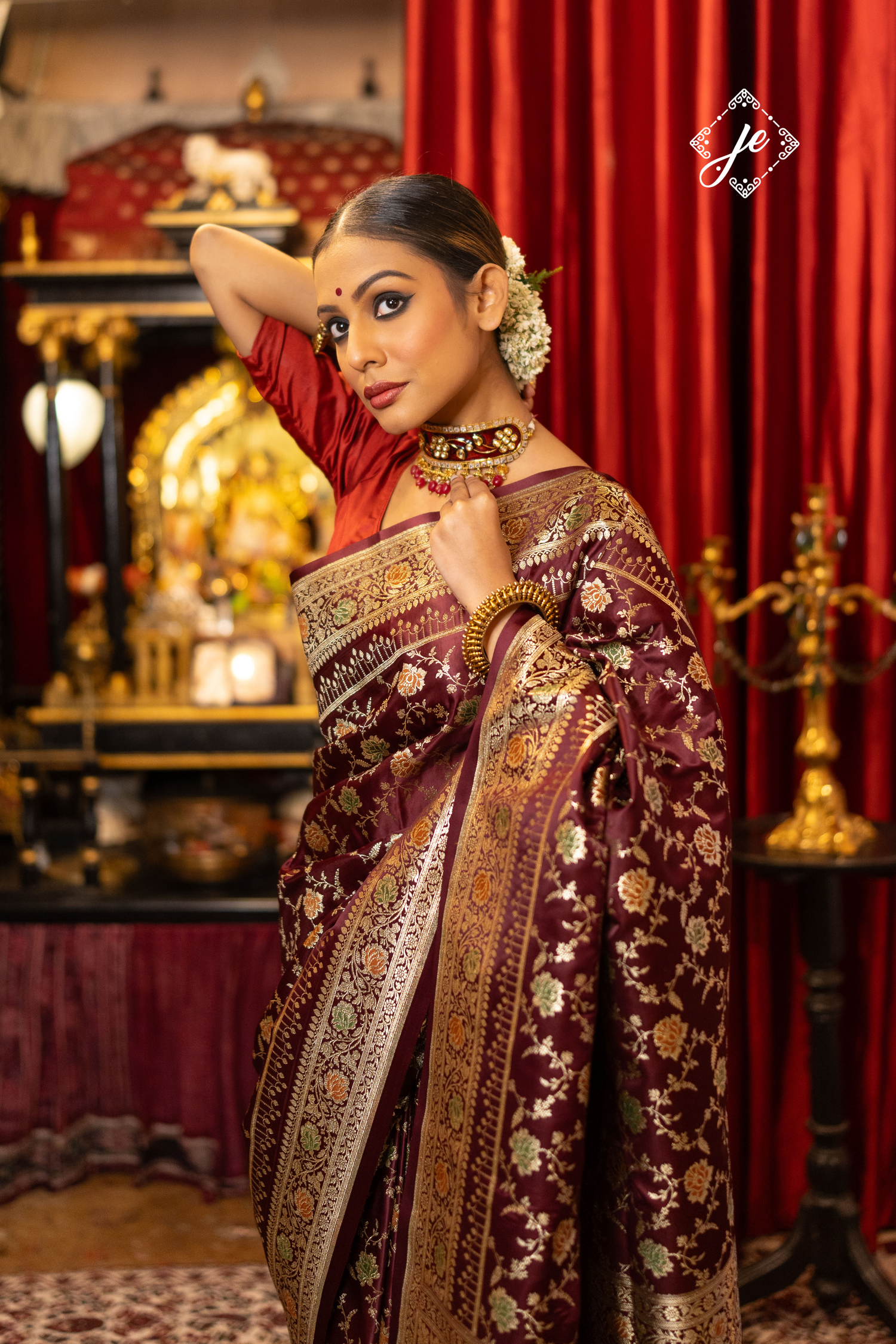Deep Maroon Satin Silk Jaal Banarasi Saree