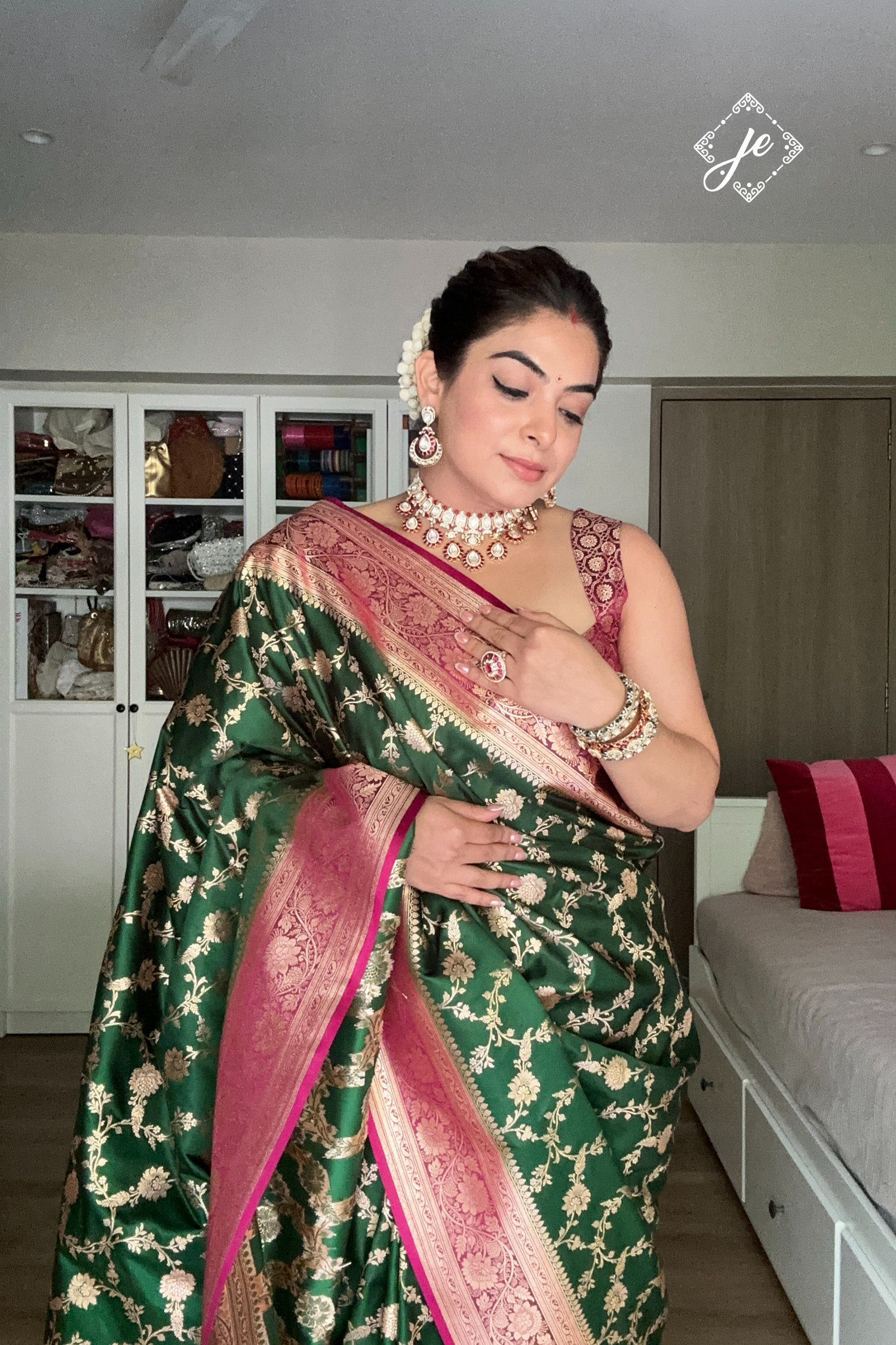 Bottle Green Satin Silk with Contrast Rani Pink Border Banarasi Saree