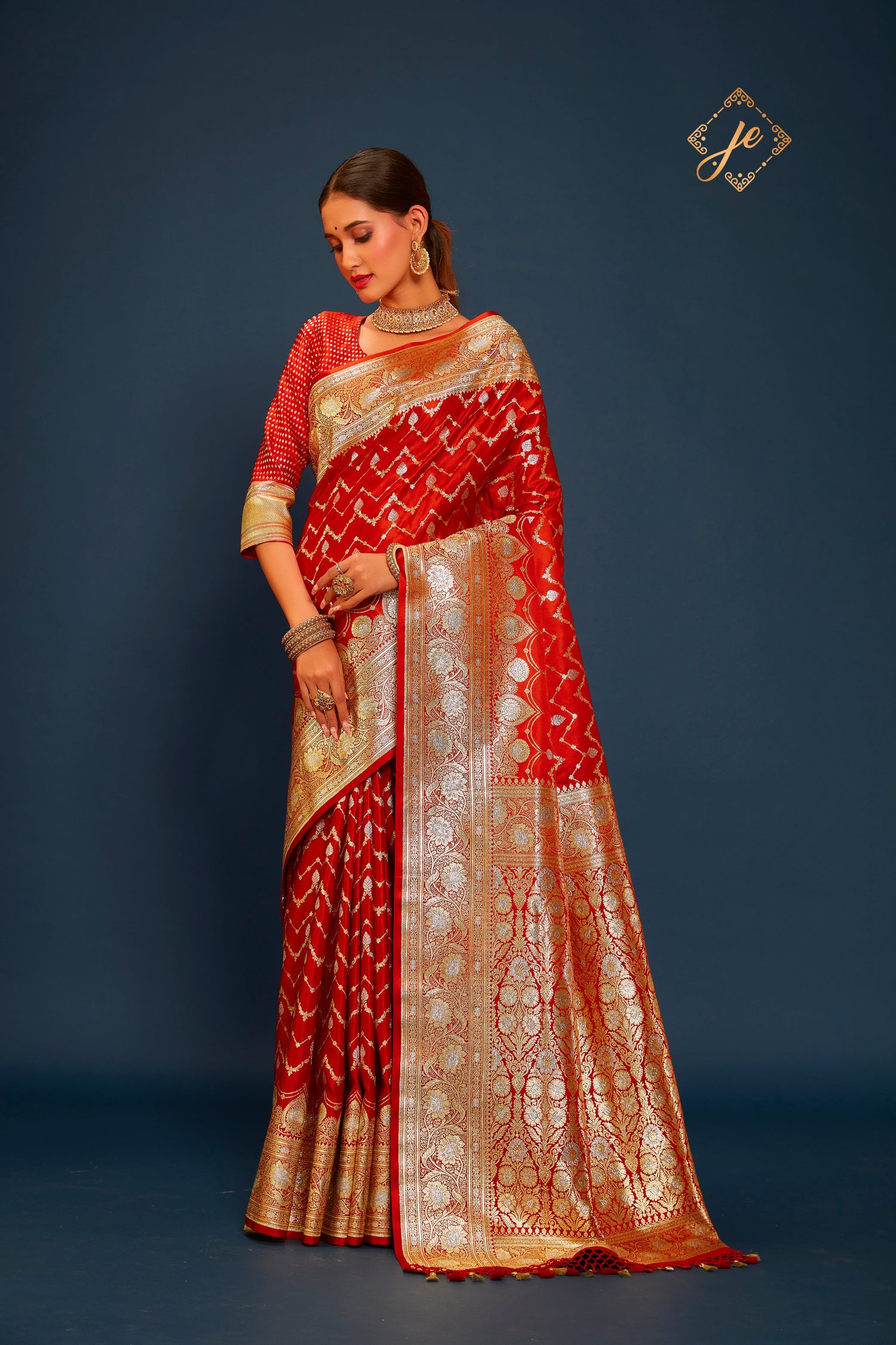 Red Satin Silk Silver Meenakari Chevron Stripe Banarasi Saree