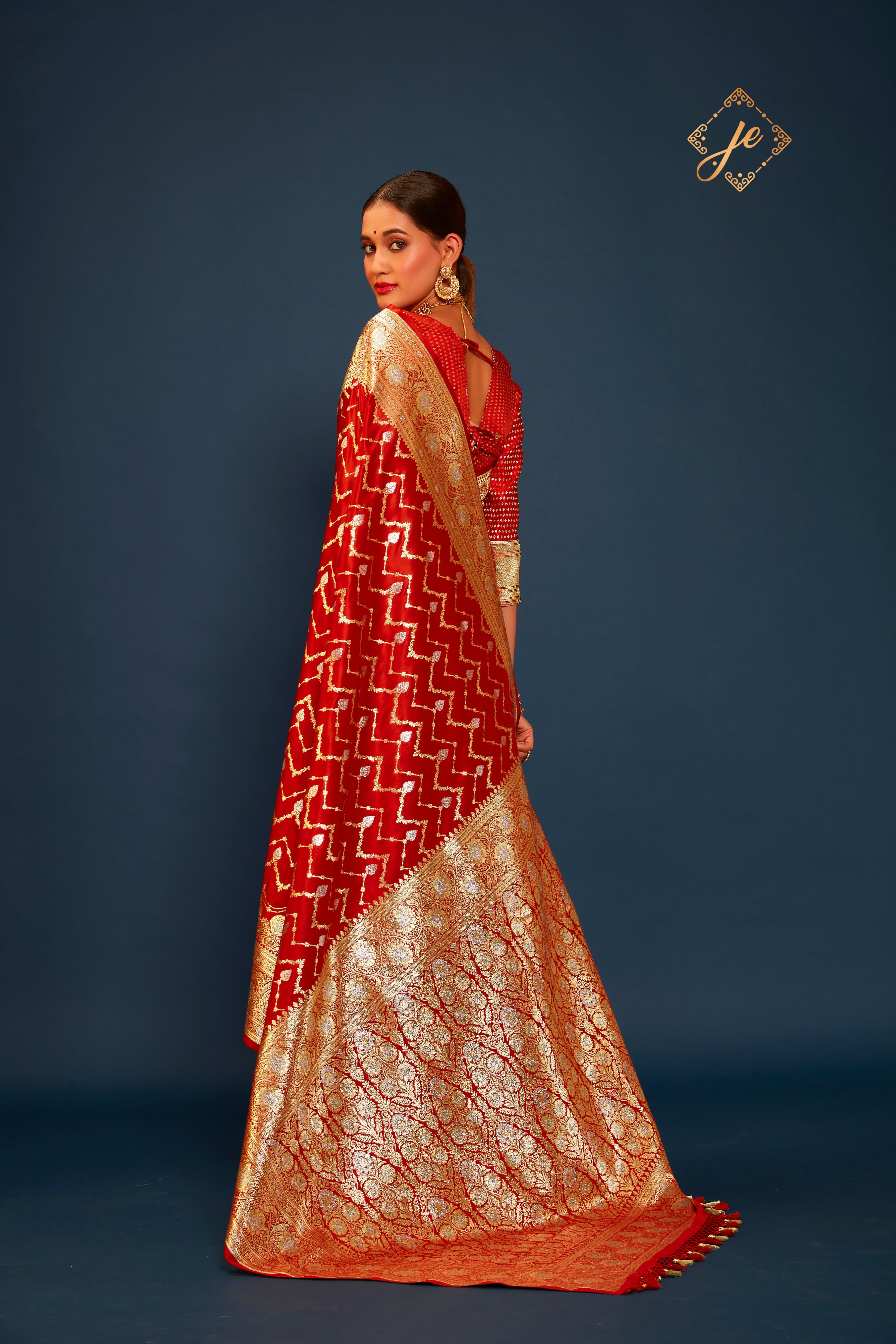 Red Satin Silk Silver Meenakari Chevron Stripe Banarasi Saree