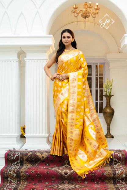Yellow Satin Silk Meenakari Buti Banarasi Saree