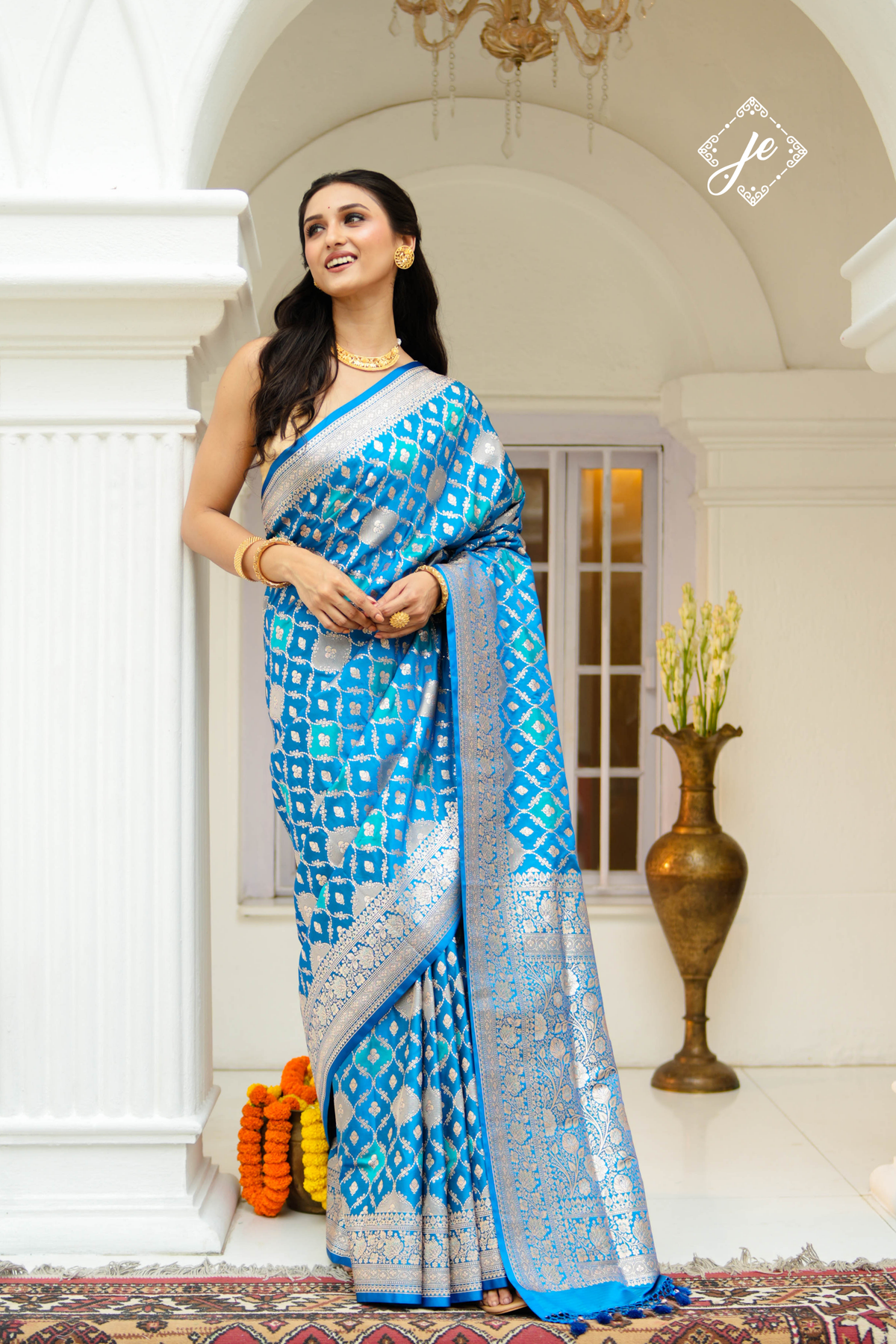 Blue Satin Silk Rangkaat  Banarasi Saree