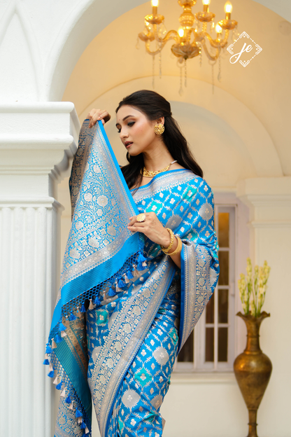 Blue Satin Silk Rangkaat  Banarasi Saree