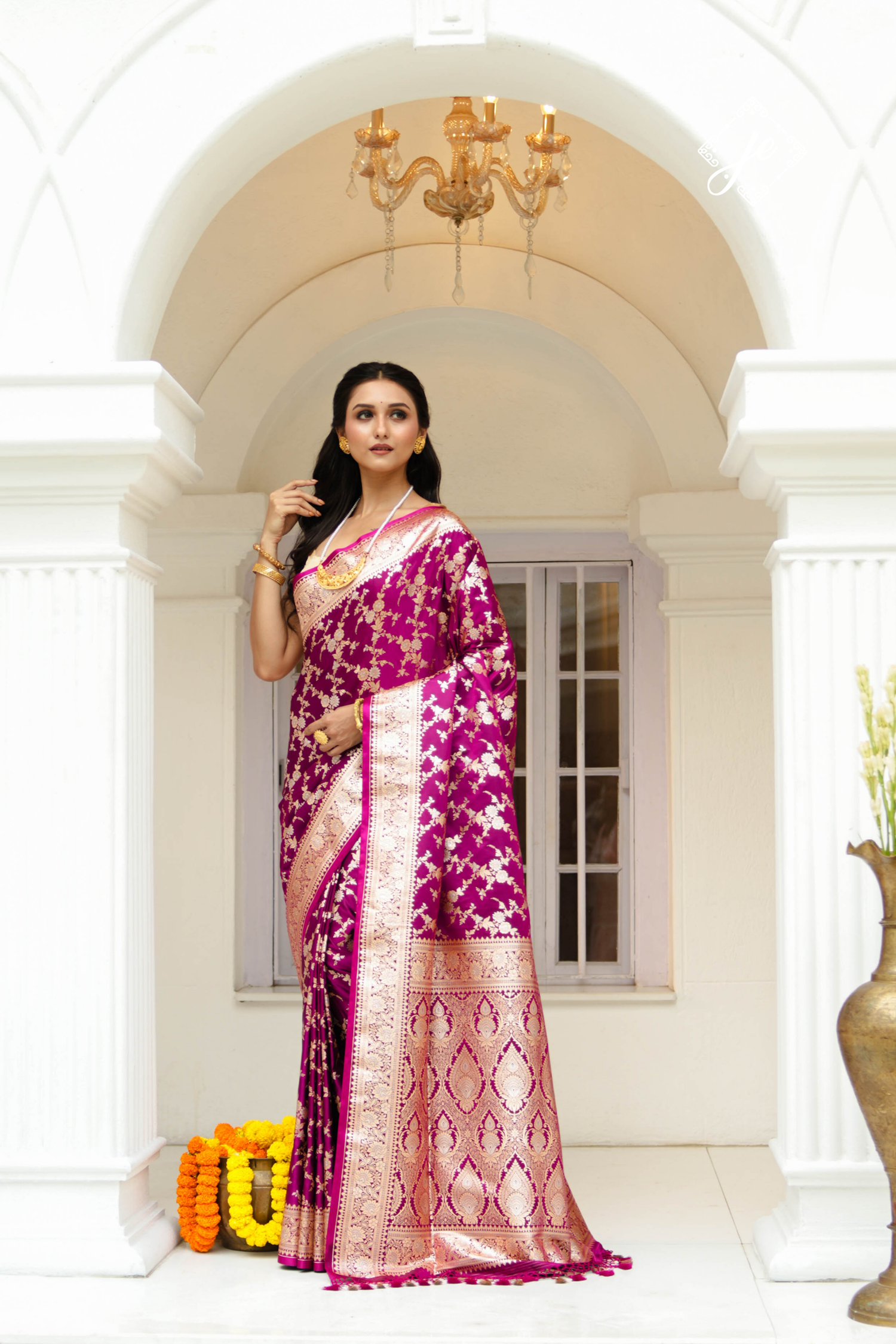 Purple Satin Silk Jaal Banarasi Saree