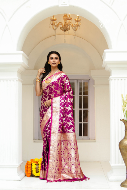 Purple Satin Silk Jaal Banarasi Saree