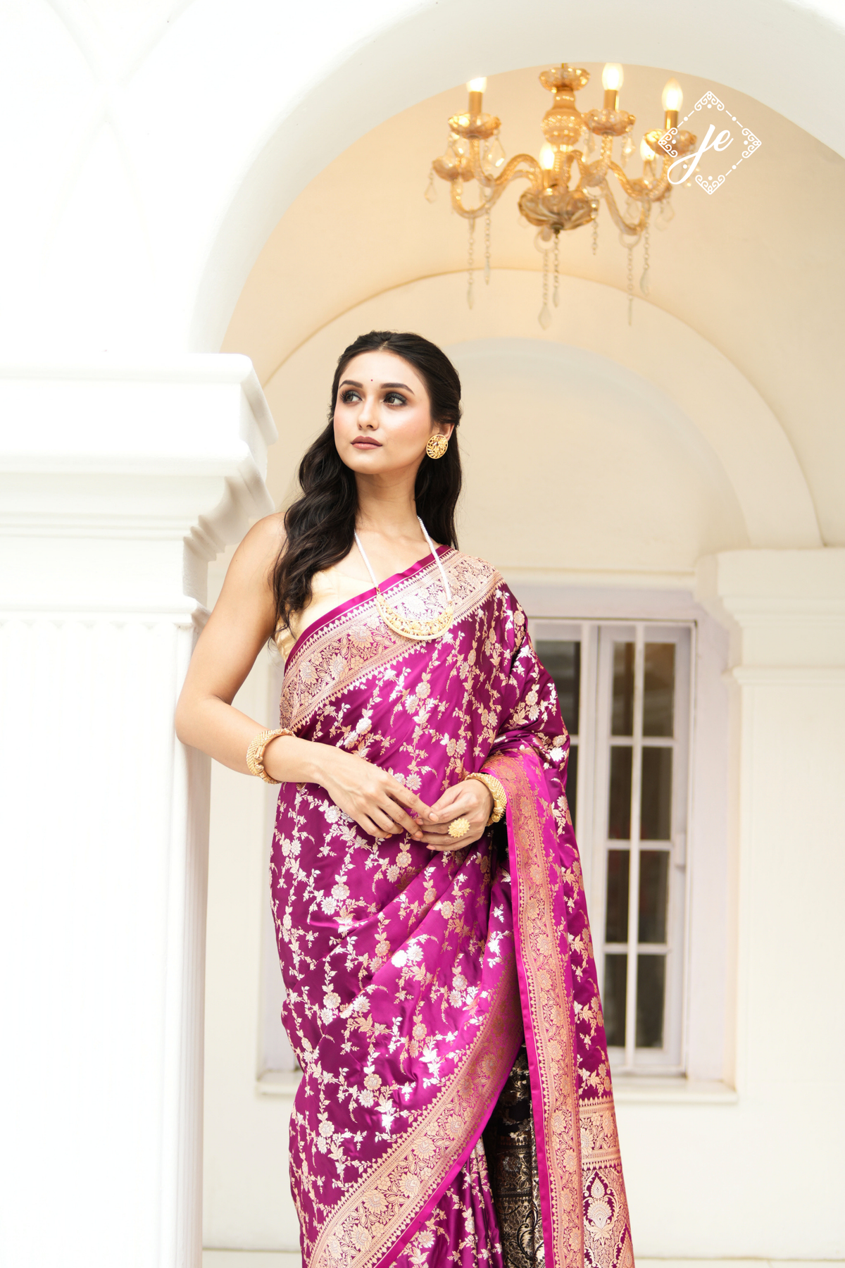 Purple Satin Silk Jaal Banarasi Saree