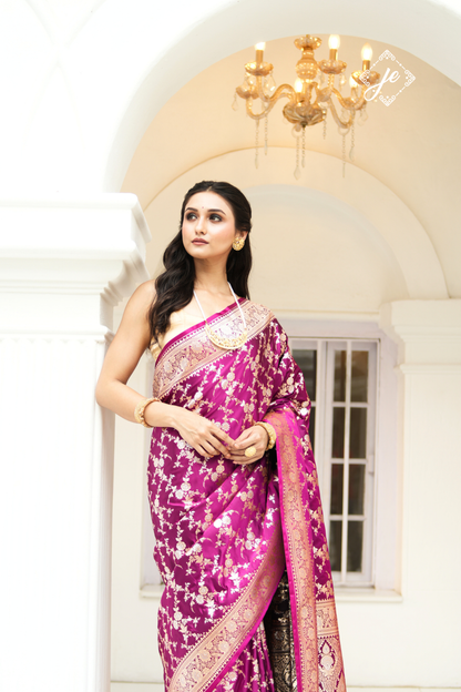 Purple Satin Silk Jaal Banarasi Saree