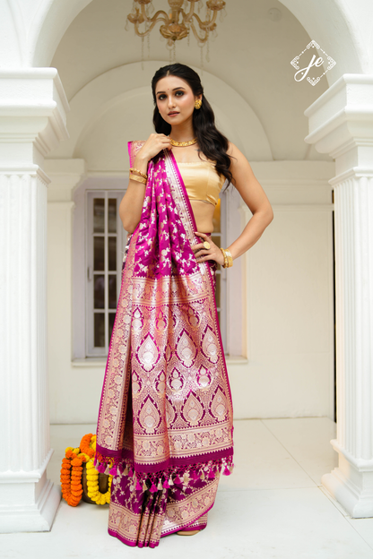 Purple Satin Silk Jaal Banarasi Saree