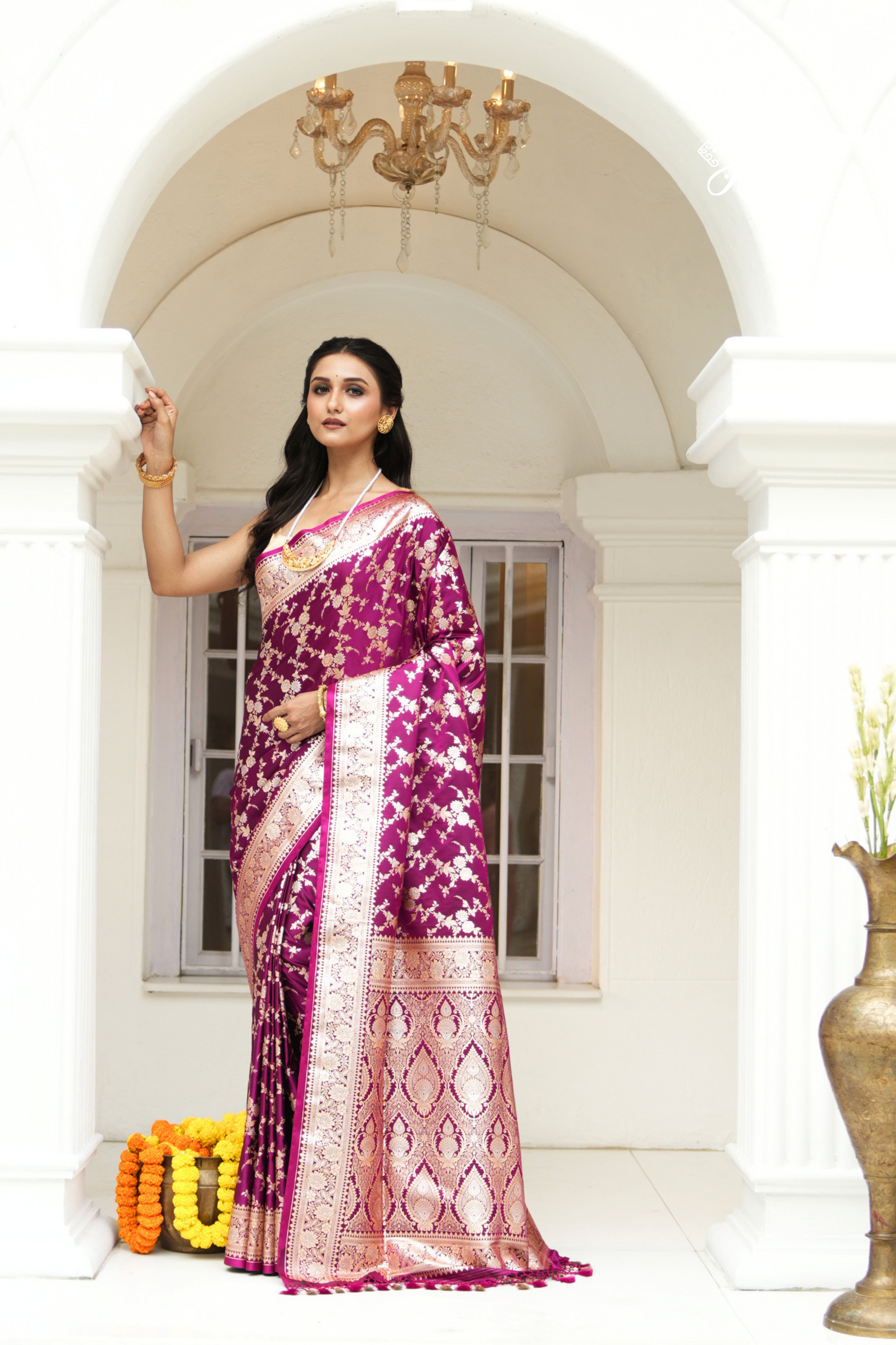 Purple Satin Silk Jaal Banarasi Saree