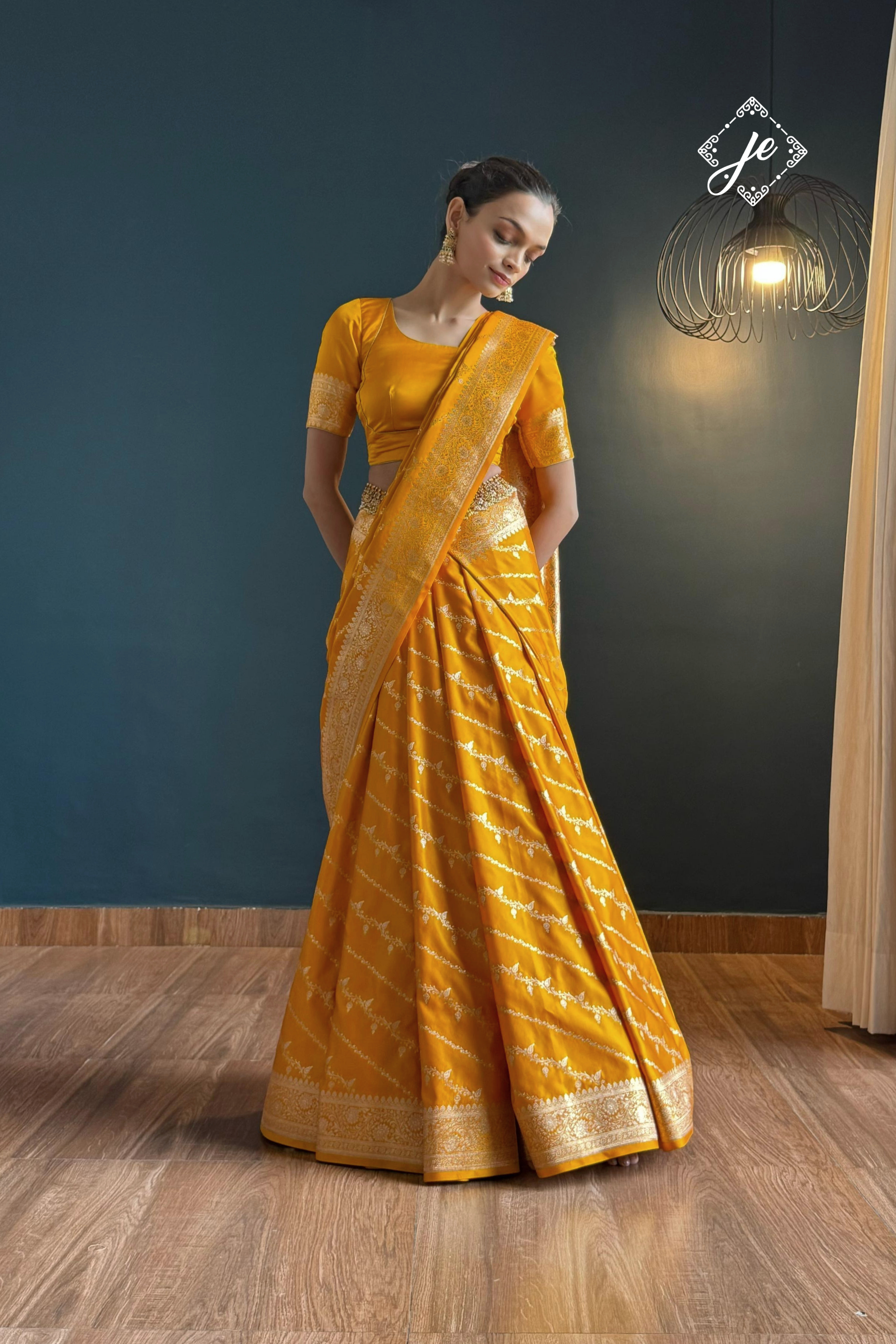 Yellow Leheriya Satin Silk Buti Banarasi Saree