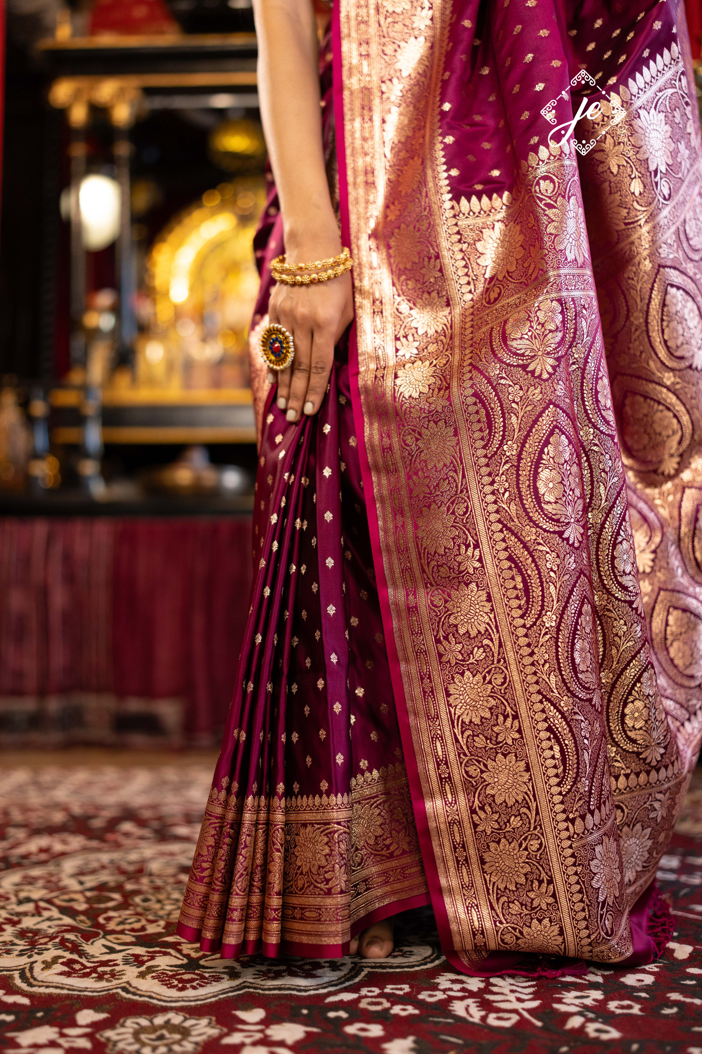 Plum Satin Silk Buti Banarasi Saree