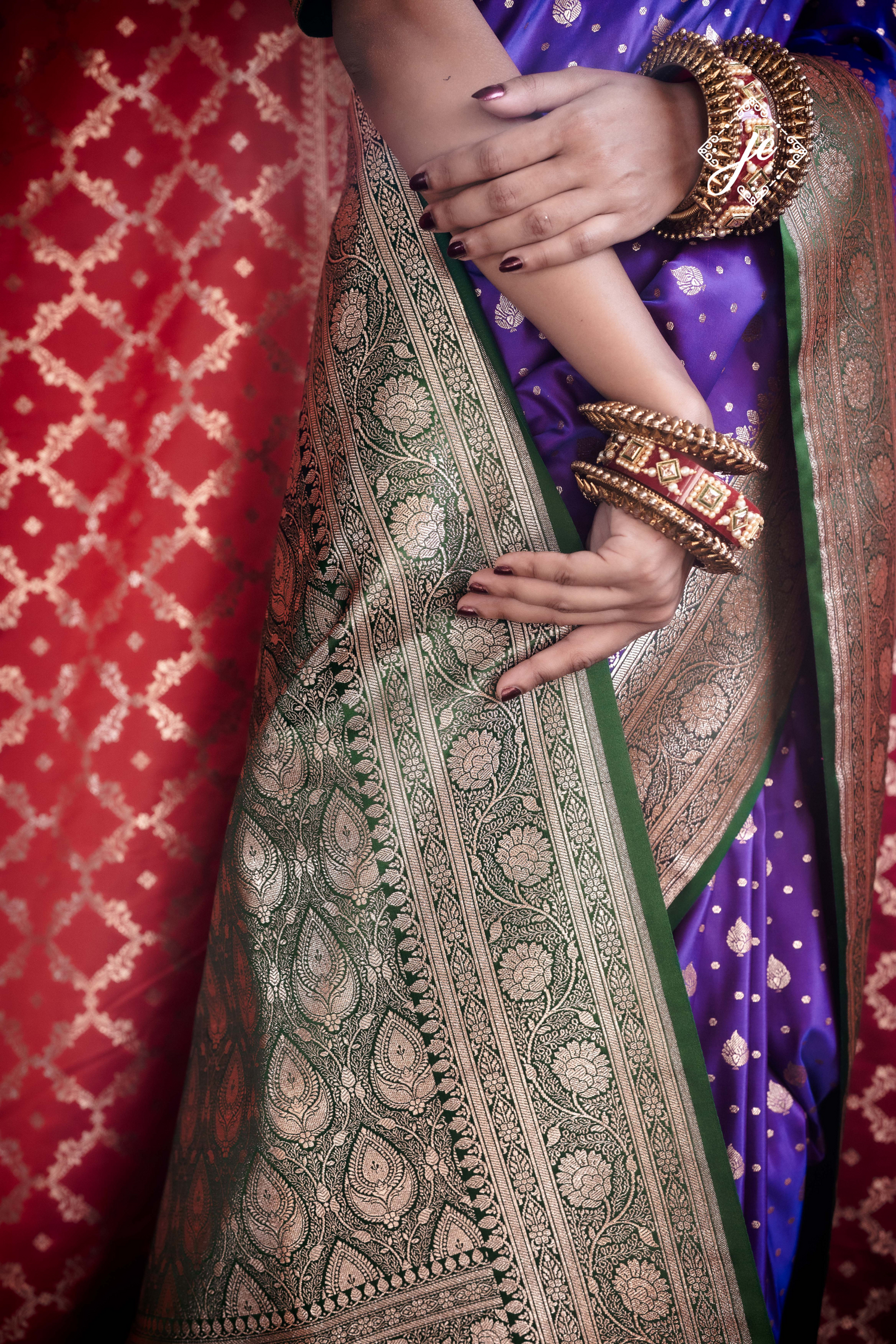 Purple Satin Silk with Bottle Green Border Banarasi Saree