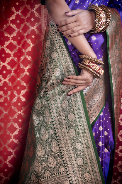 Purple Satin Silk with Bottle Green Border Banarasi Saree