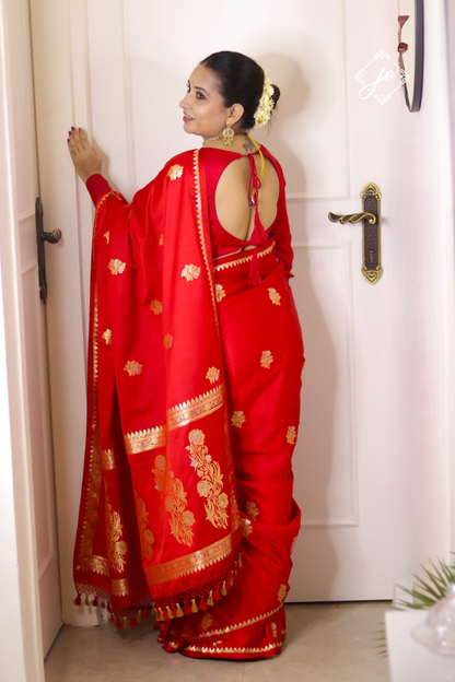Red Satin Silk Buti Banarasi Saree